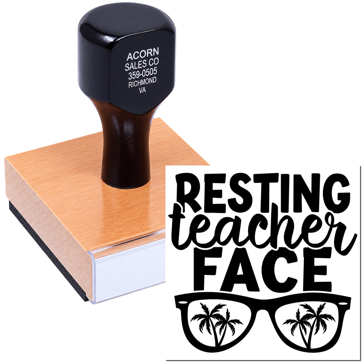 Custom teacher rubber stamp with "Resting Teacher Face" sunglasses and palm tree graphic, shown on a mounted block.