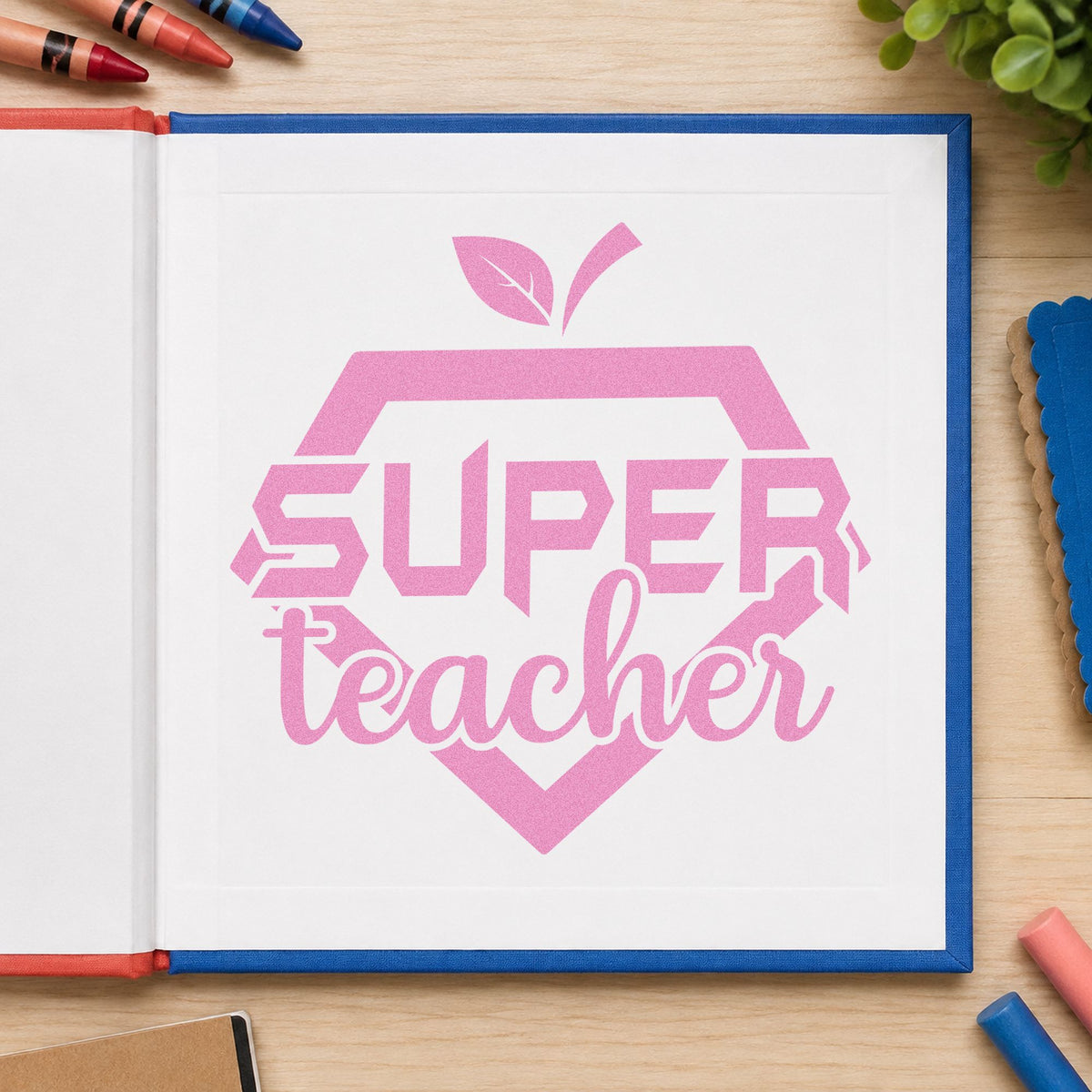 Super Teacher Shield craft stamp in purple ink on cardstock, an easy option for nominee badge tags.