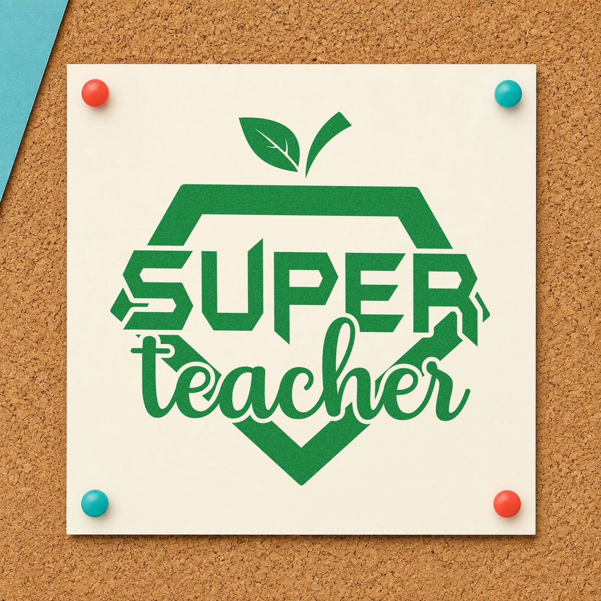 Super Teacher Shield craft stamp imprint in green ink on a handmade project, one idea being ballot slip pages.