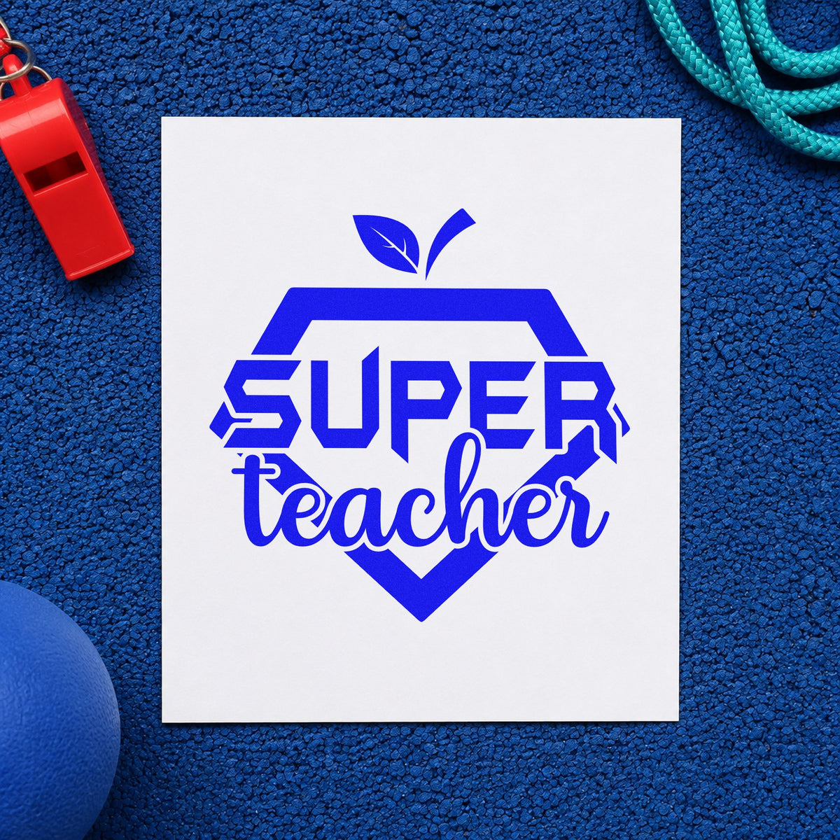 Super Teacher Shield craft stamp in blue ink on cardstock, an easy option for varsity jacket panels.