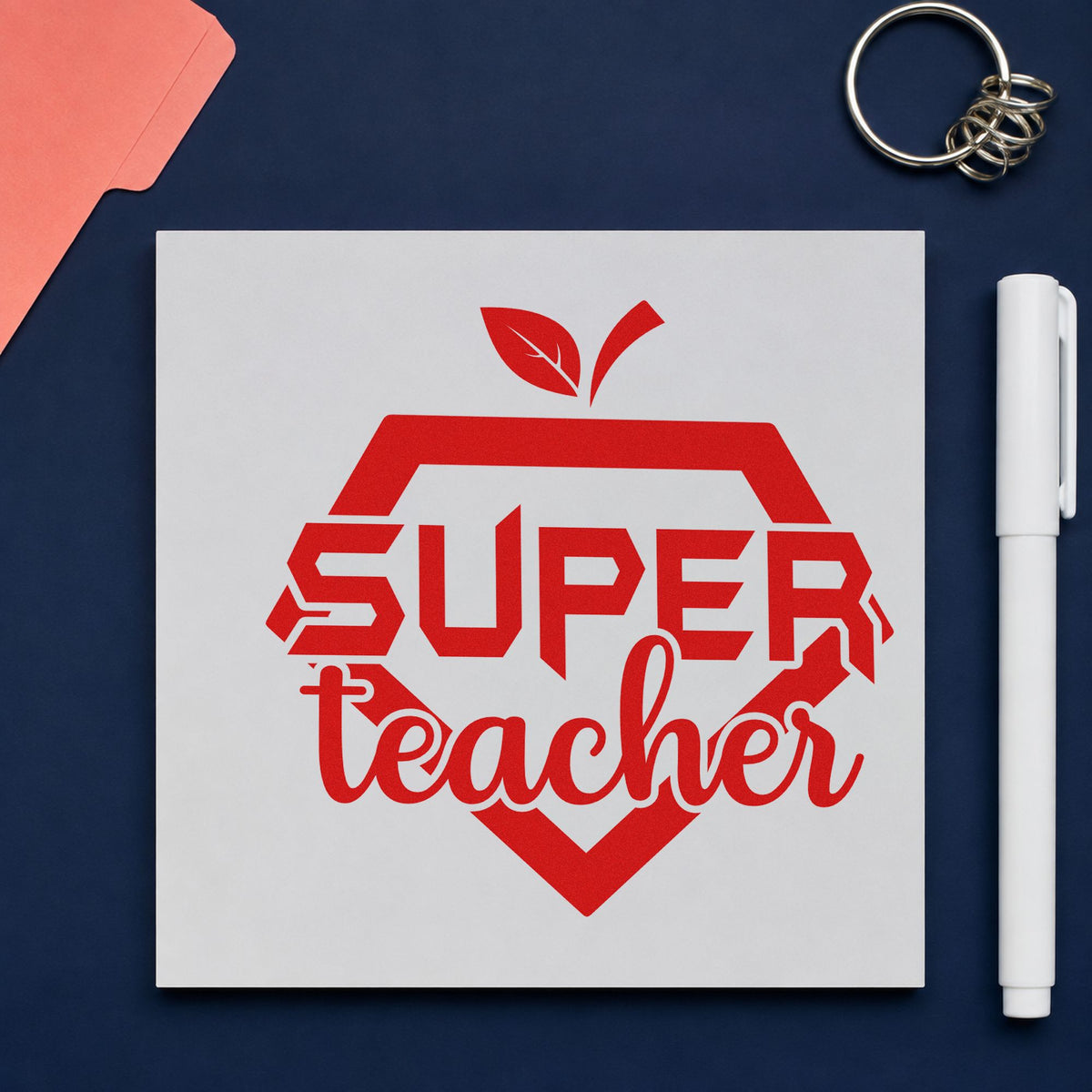 Super Teacher Shield rubber stamp shown in red ink, stamped for projects such as induction night notes.