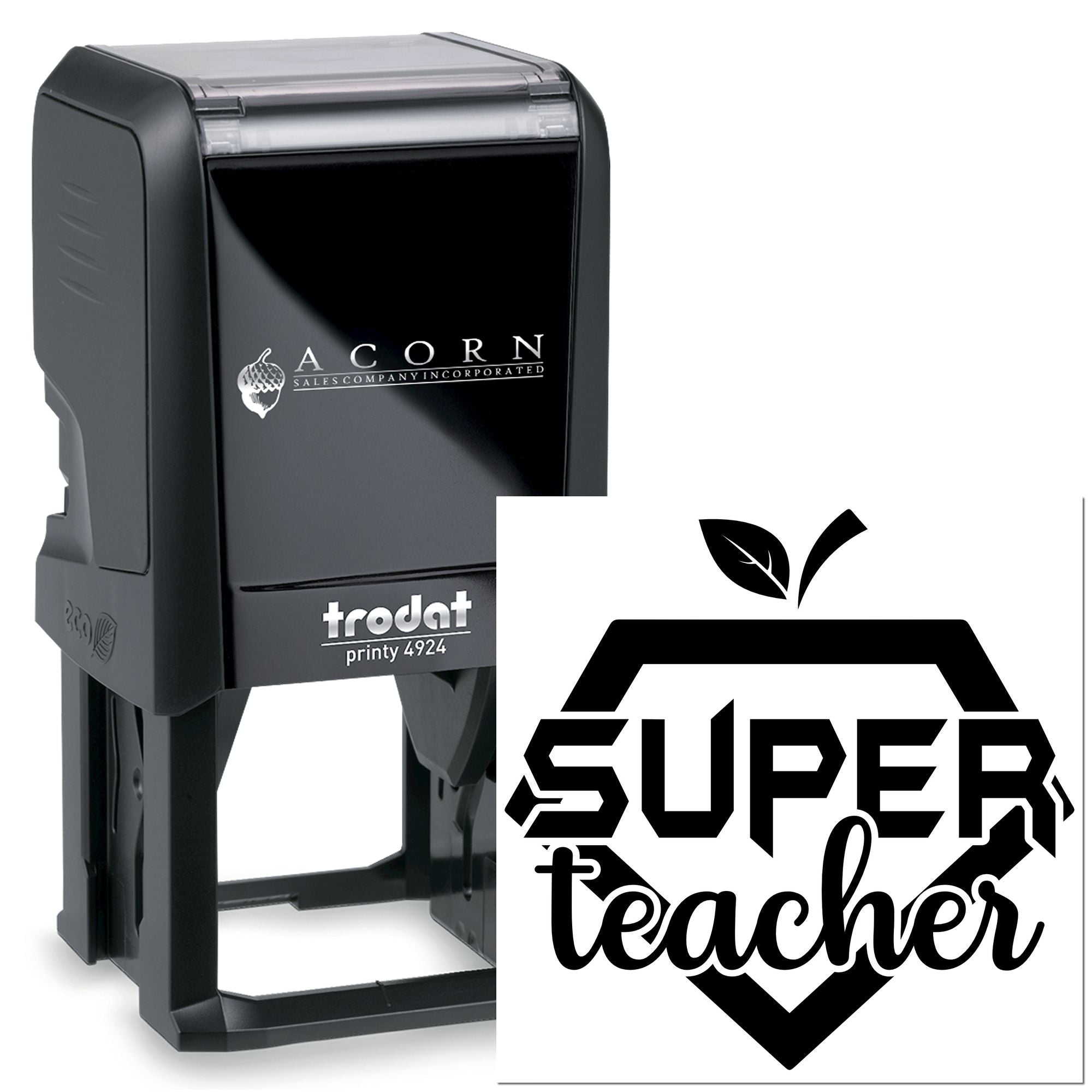 Custom self-inking rubber stamp with Super Teacher design, Trodat Printy 4924, for classroom rewards and teacher notes.