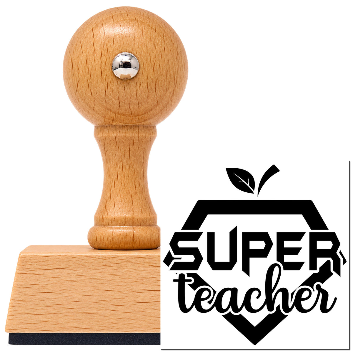 Super Teacher Shield Vintage Pro rubber stamp in European beech wood with a round knob handle, shown beside its black imprint.