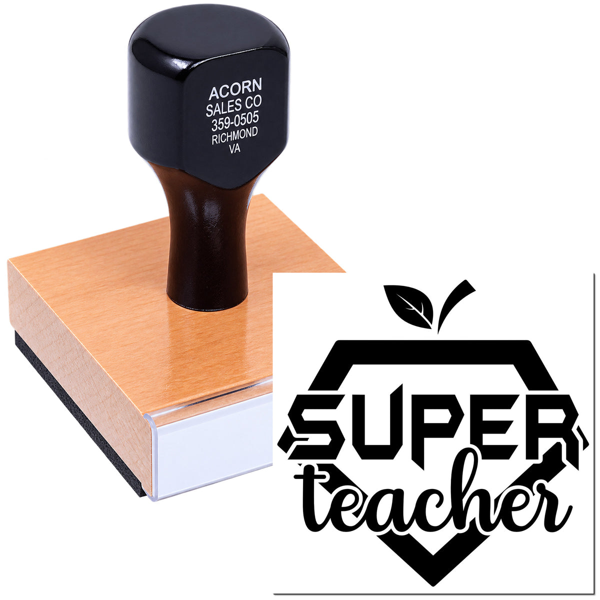 Super Teacher custom rubber stamp on a wooden block, perfect for classroom rewards, teacher gifts, and paper marking.