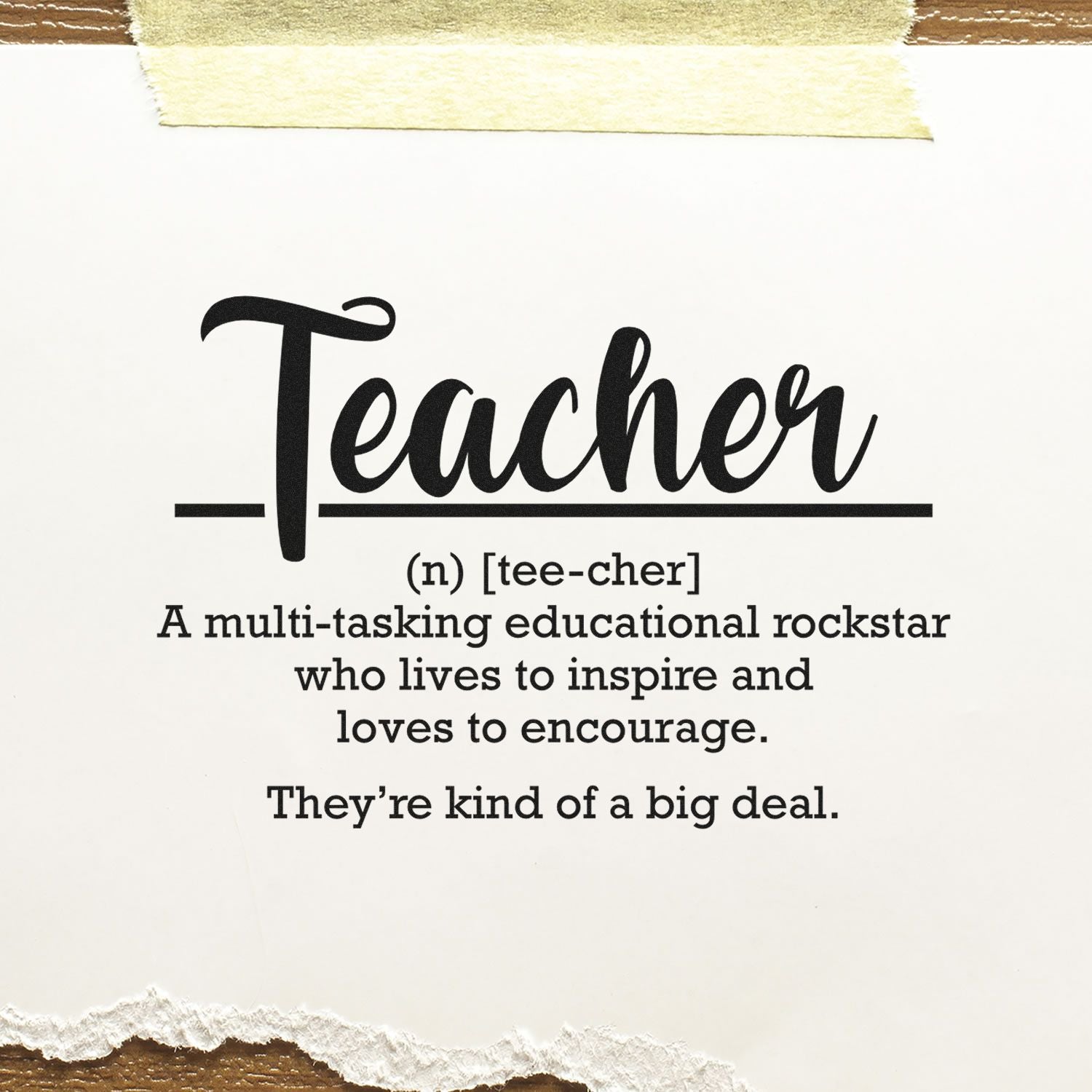 Teacher rubber stamp design with inspirational definition: a multi-tasking educational rockstar who inspires and encourages.