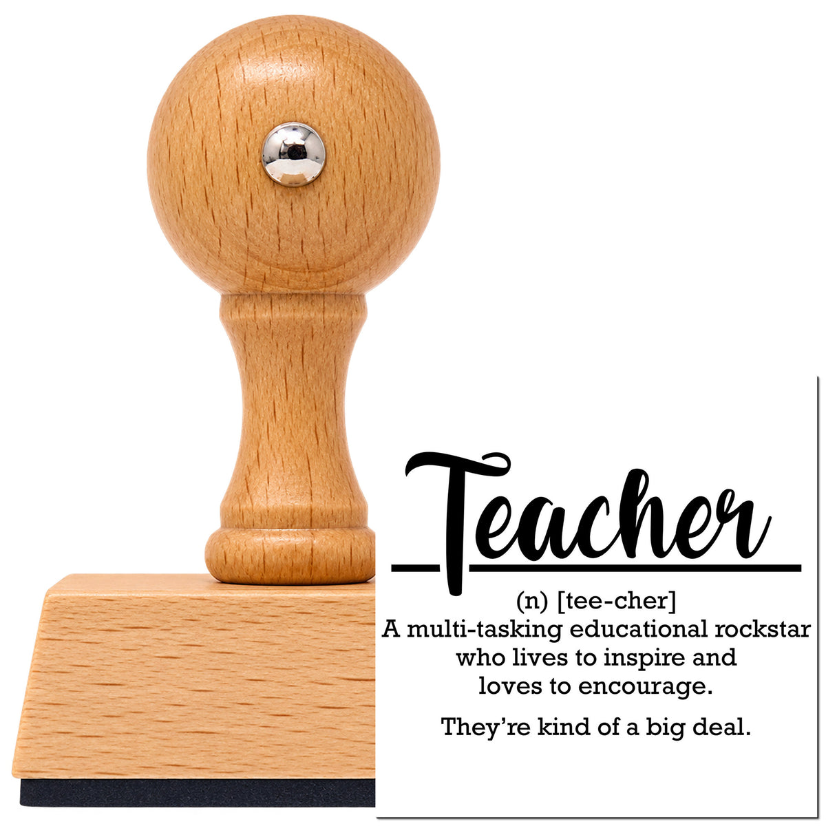 Teacher Definition Script Lettering Vintage Pro rubber stamp in European beech wood with a round knob handle, shown beside its black imprint.