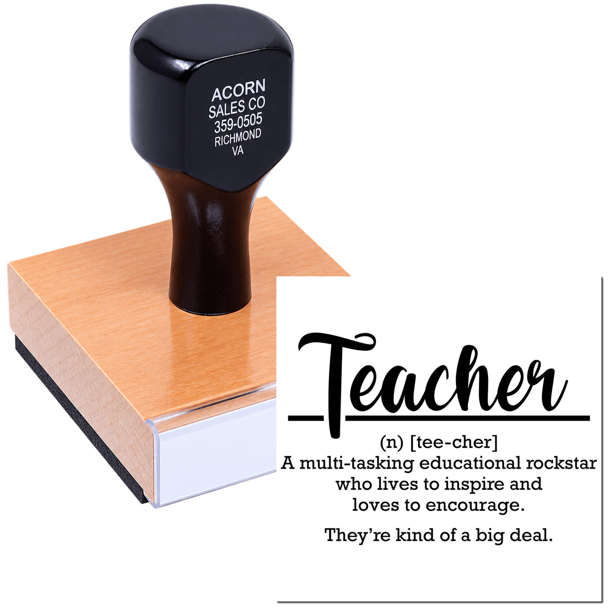Custom teacher rubber stamp with inspirational Teacher design for classroom rewards, educational use, and personalized stamping.