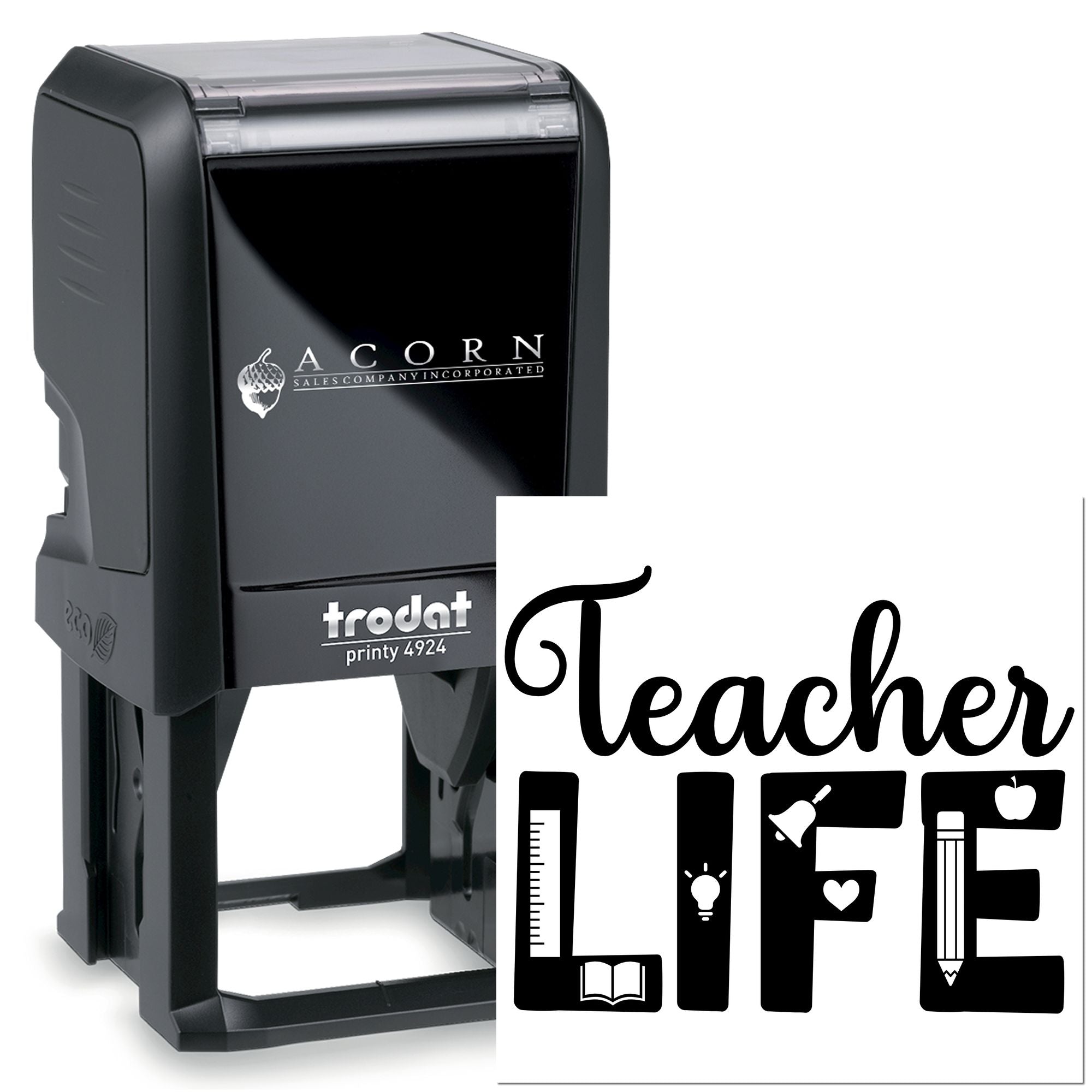 Teacher LIFE self-inking rubber stamp, Trodat Printy 4924, for classroom rewards and teacher use.
