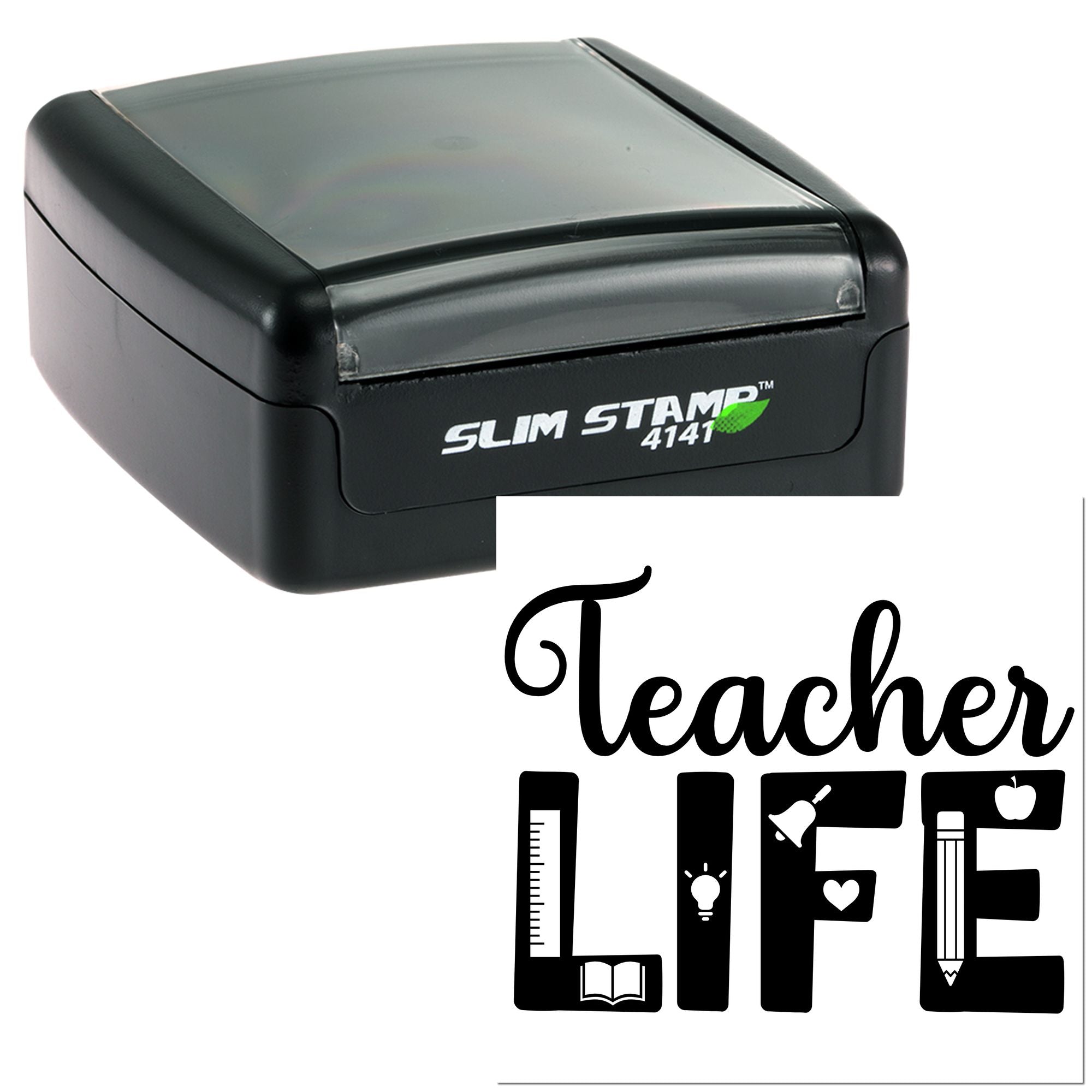 Teacher LIFE rubber stamp with Slim Stamp 4141 self-inking case, ideal for classroom labeling and teacher gifts.