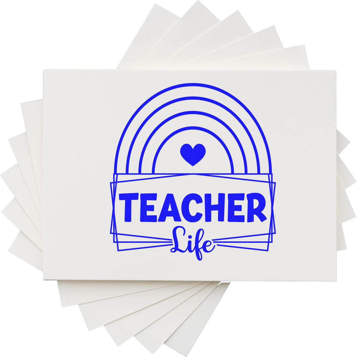 Teacher Life Rainbow Frame rubber stamp shown in blue ink, stamped for projects such as bin label tags.
