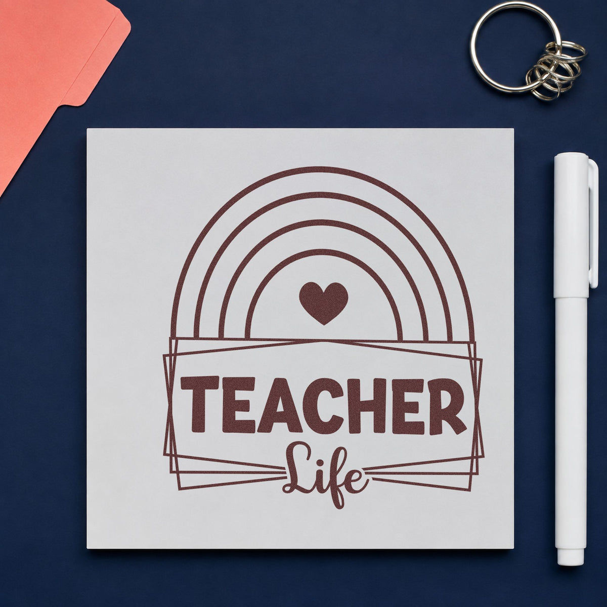 Teacher Life Rainbow Frame rubber stamp printed in brown ink, ready for marker tub labels and similar paper crafts.