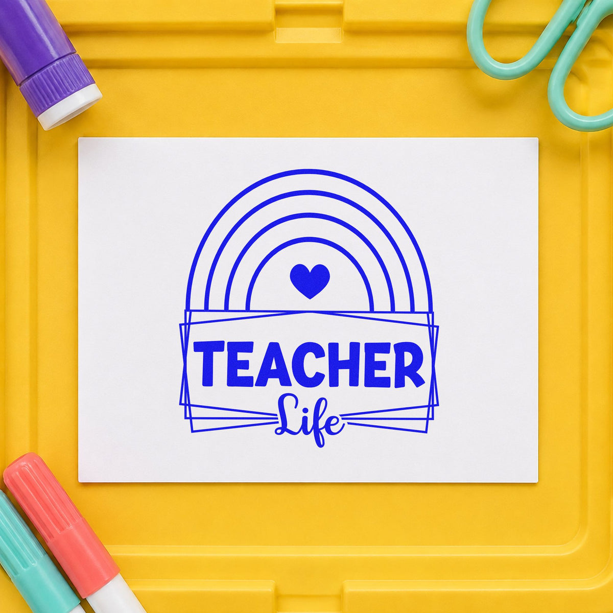 Teacher Life Rainbow Frame craft stamp in blue ink on cardstock, an easy option for cushion cover panels.