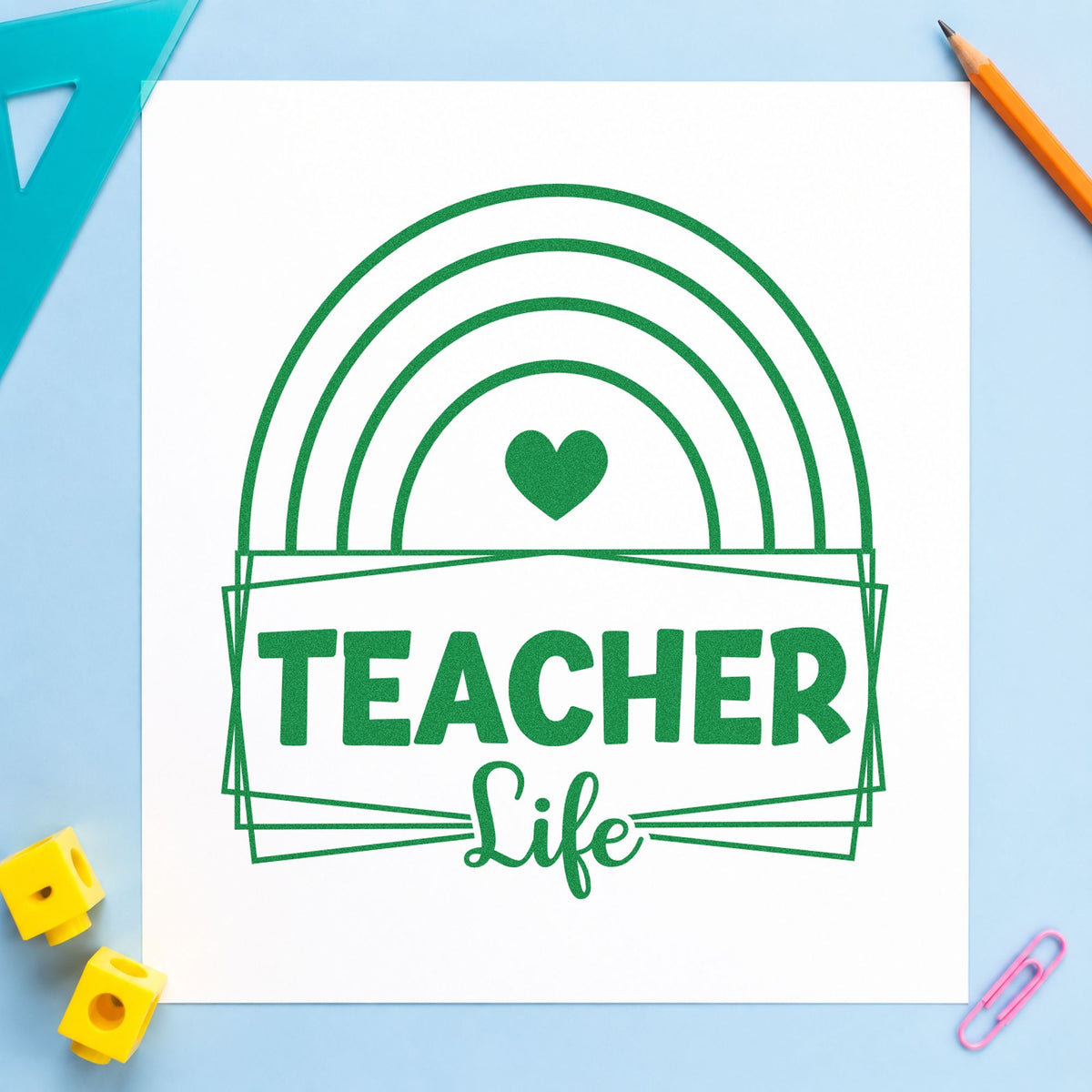 Teacher Life Rainbow Frame craft stamp imprint in green ink on a handmade project, one idea being framed corner shelf.
