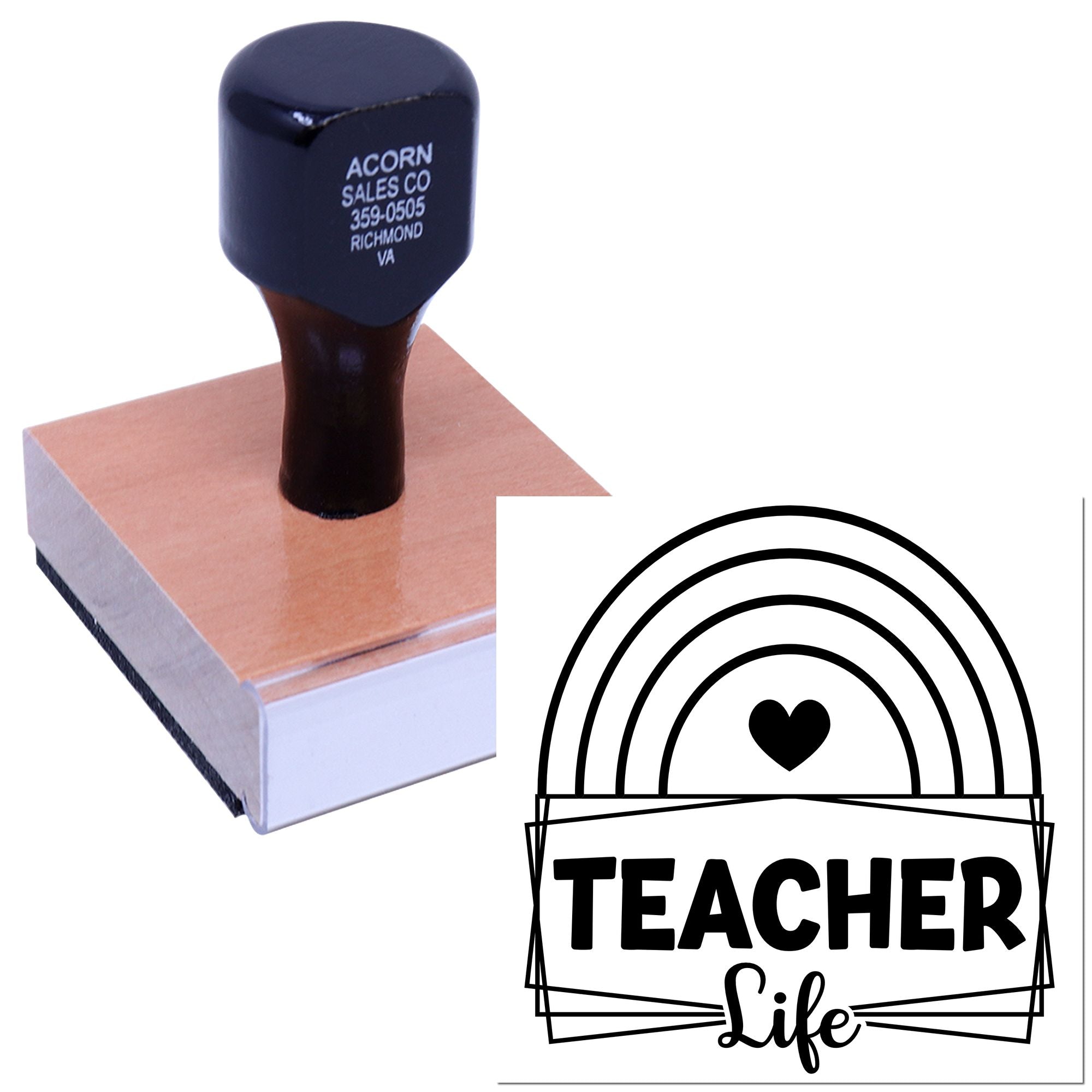 Teacher Life custom rubber stamp with rainbow heart design for classroom crafts, teacher gifts, and paper branding.