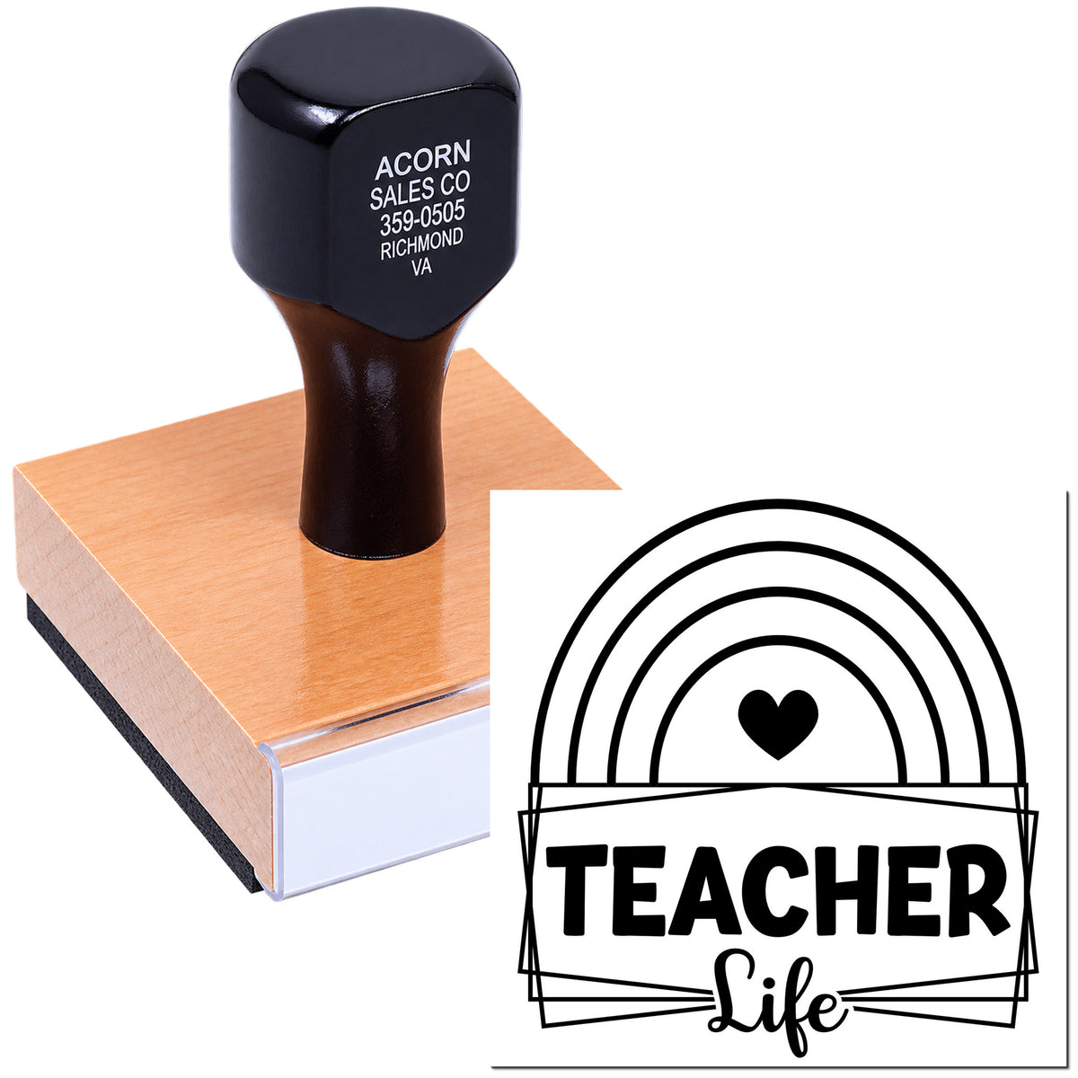 Teacher Life custom rubber stamp with rainbow heart design for classroom crafts, teacher gifts, and paper branding.