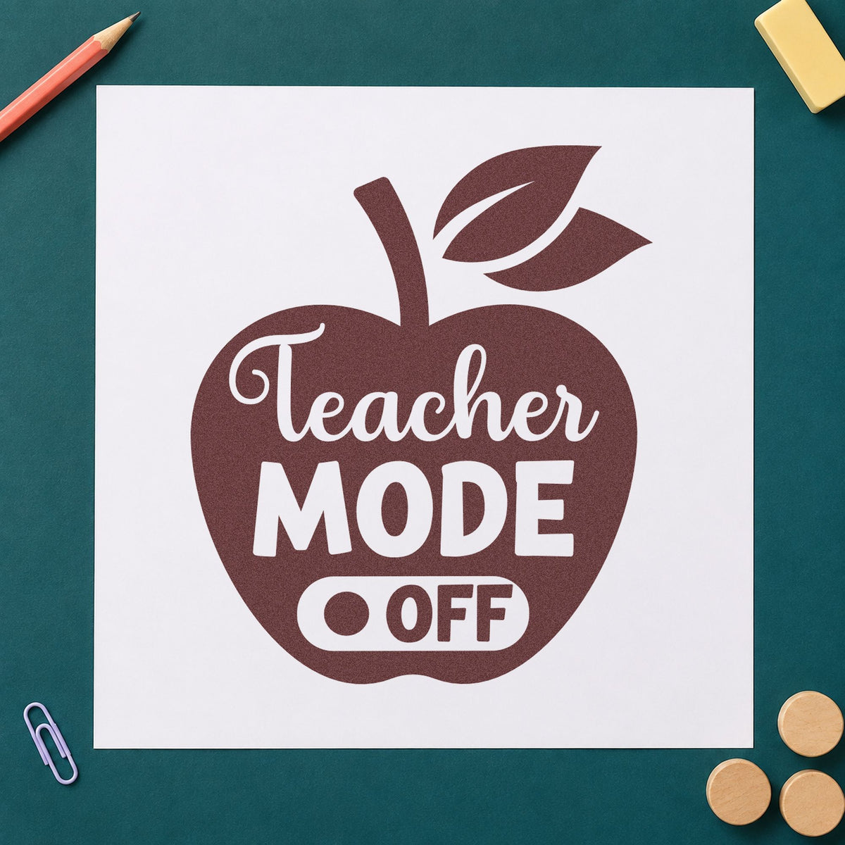 Teacher Mode Off Apple rubber stamp printed in brown ink, ready for light plate labels and similar paper crafts.