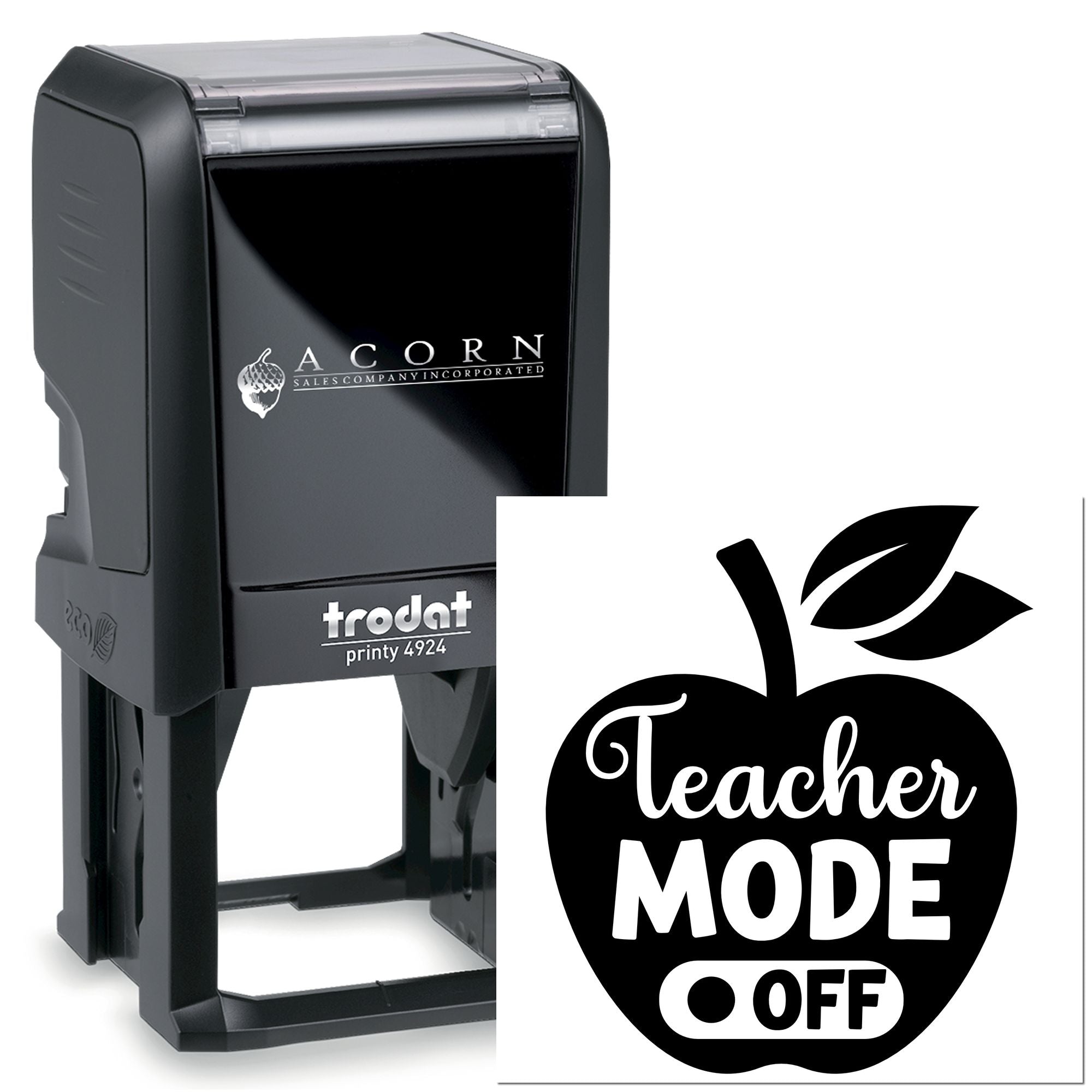 Teacher Mode Off self-inking rubber stamp, Trodat Printy 4924 apple design for classroom use and grading.