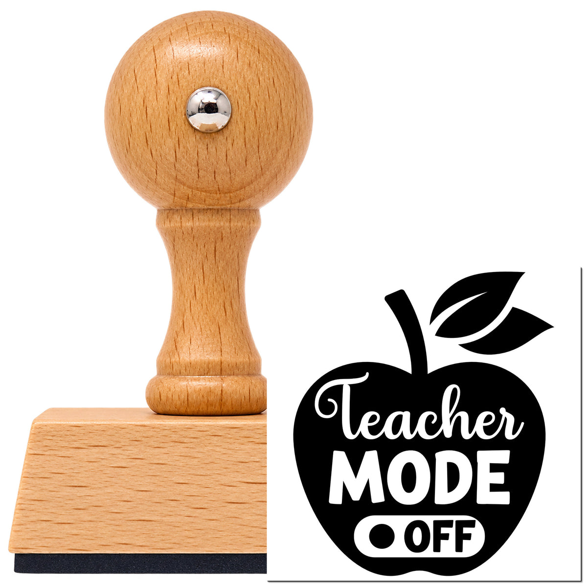 Teacher Mode Off Apple Vintage Pro rubber stamp in European beech wood with a round knob handle, shown beside its black imprint.