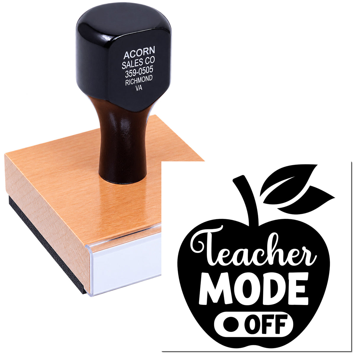 Teacher Mode Off apple rubber stamp design for classroom paperwork, teacher gifts, and custom stamping projects.