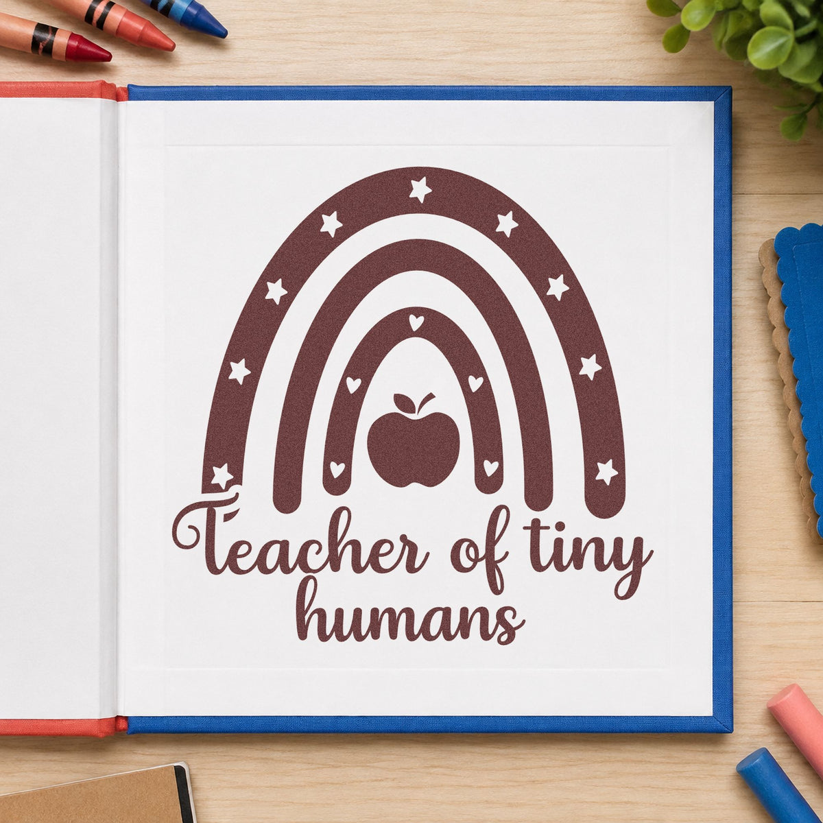Teacher of Tiny Humans Rainbow rubber stamp printed in brown ink, ready for snack tray labels and similar paper crafts.