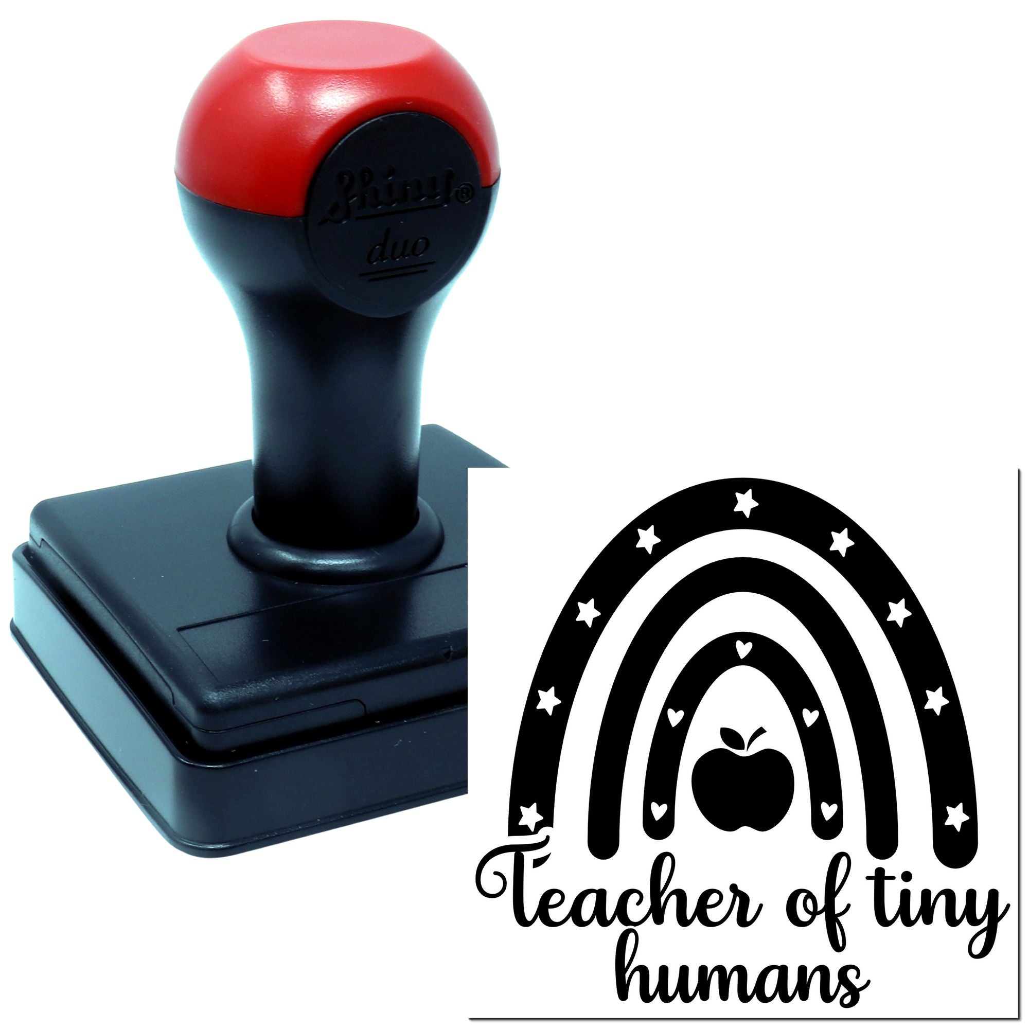 Teacher of tiny humans self-inking rubber stamp with rainbow and apple design for classroom gifts.