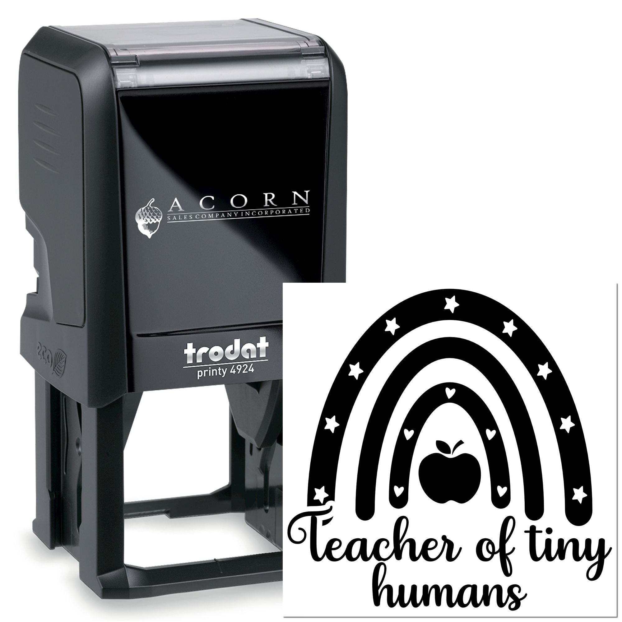 Personalized self-inking rubber stamp with Teacher of tiny humans rainbow design, perfect for teacher gifts and classroom use.