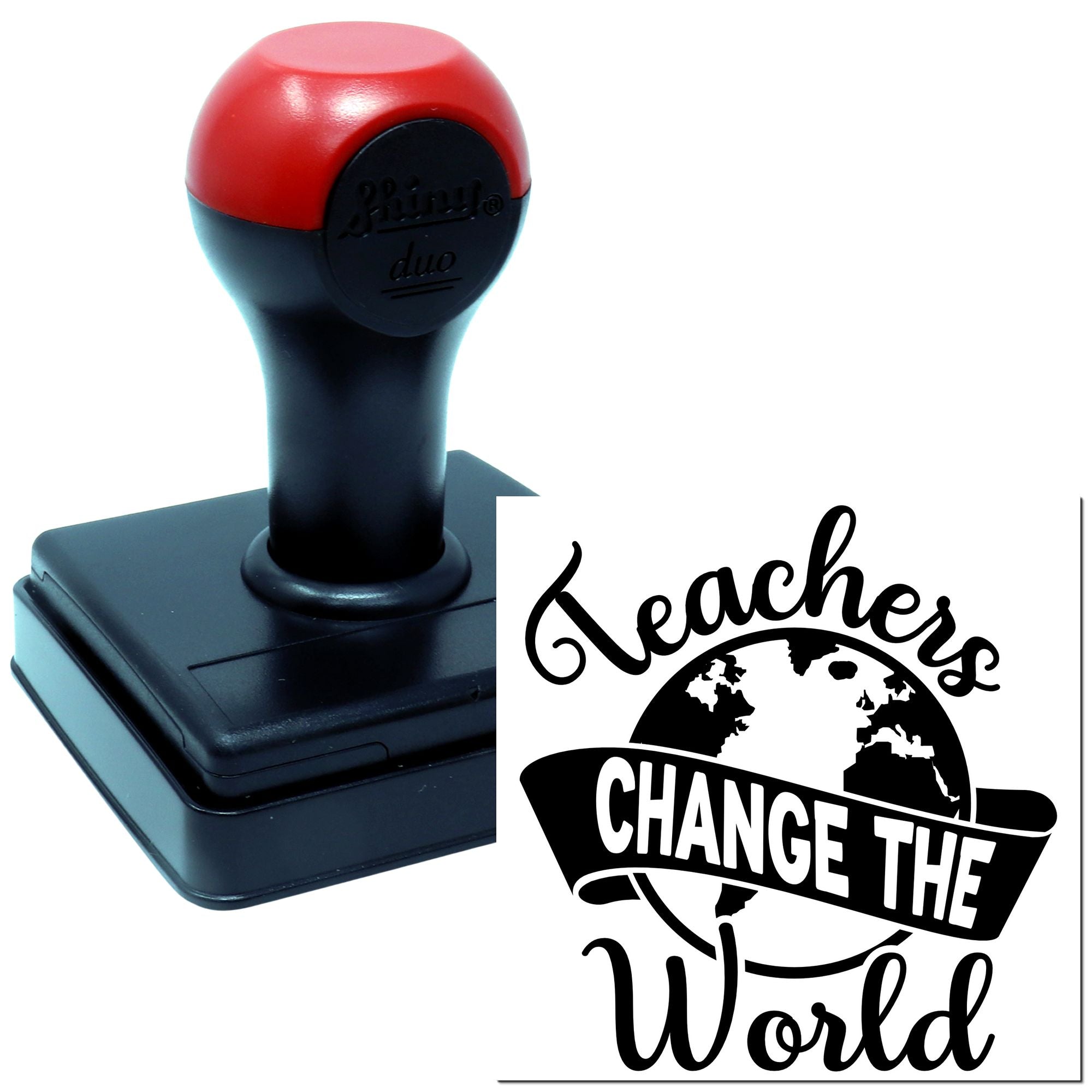 Self-inking rubber stamp with Teachers Change the World design for educator appreciation and classroom use.