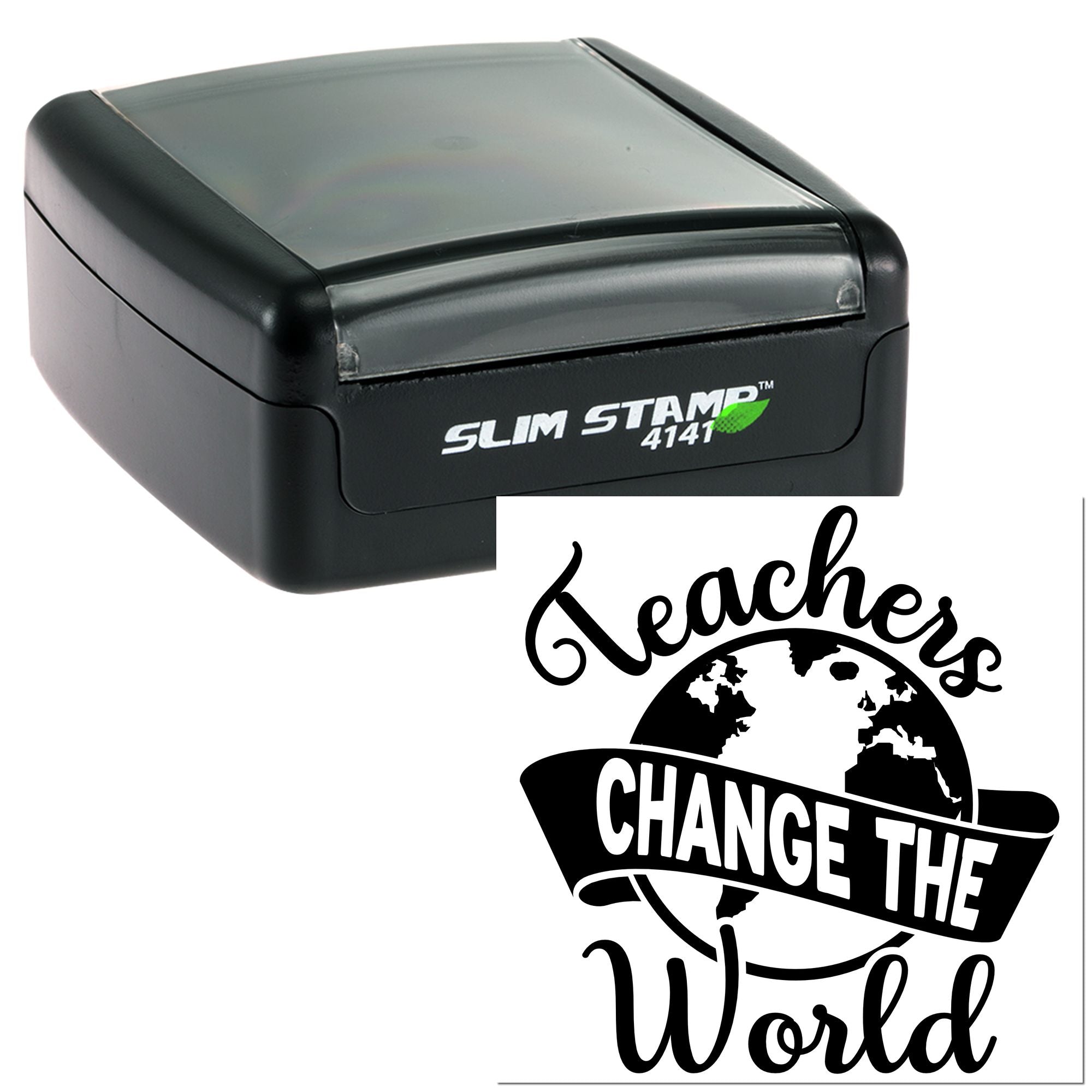 Custom self-inking rubber stamp with Teachers Change the World design for teachers, classrooms, and gift packaging.