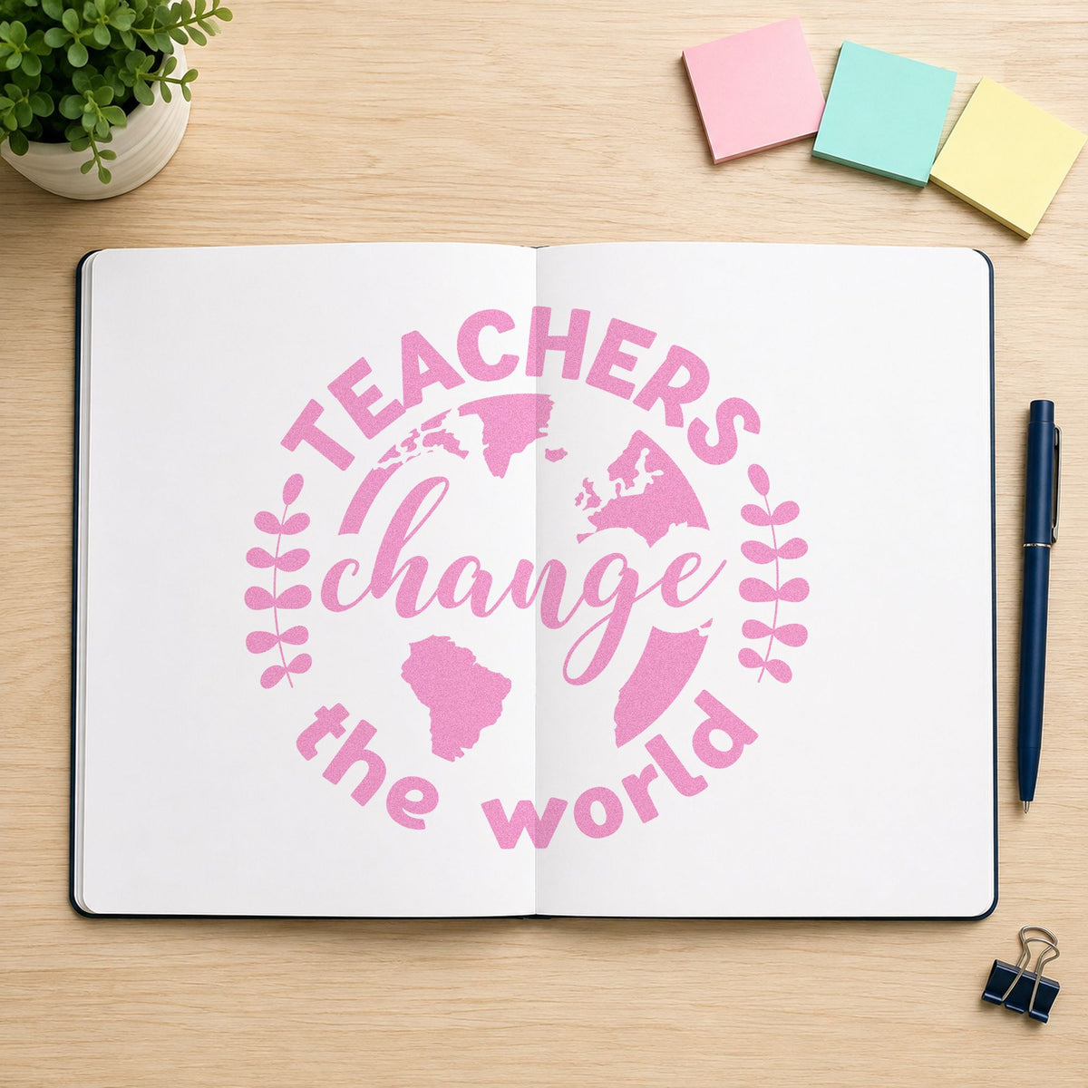 Teachers Change World Globe craft stamp in purple ink on cardstock, an easy option for seed swap tags.