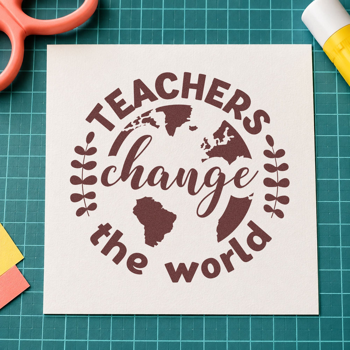 Teachers Change World Globe rubber stamp printed in brown ink, ready for compost bin labels and similar paper crafts.