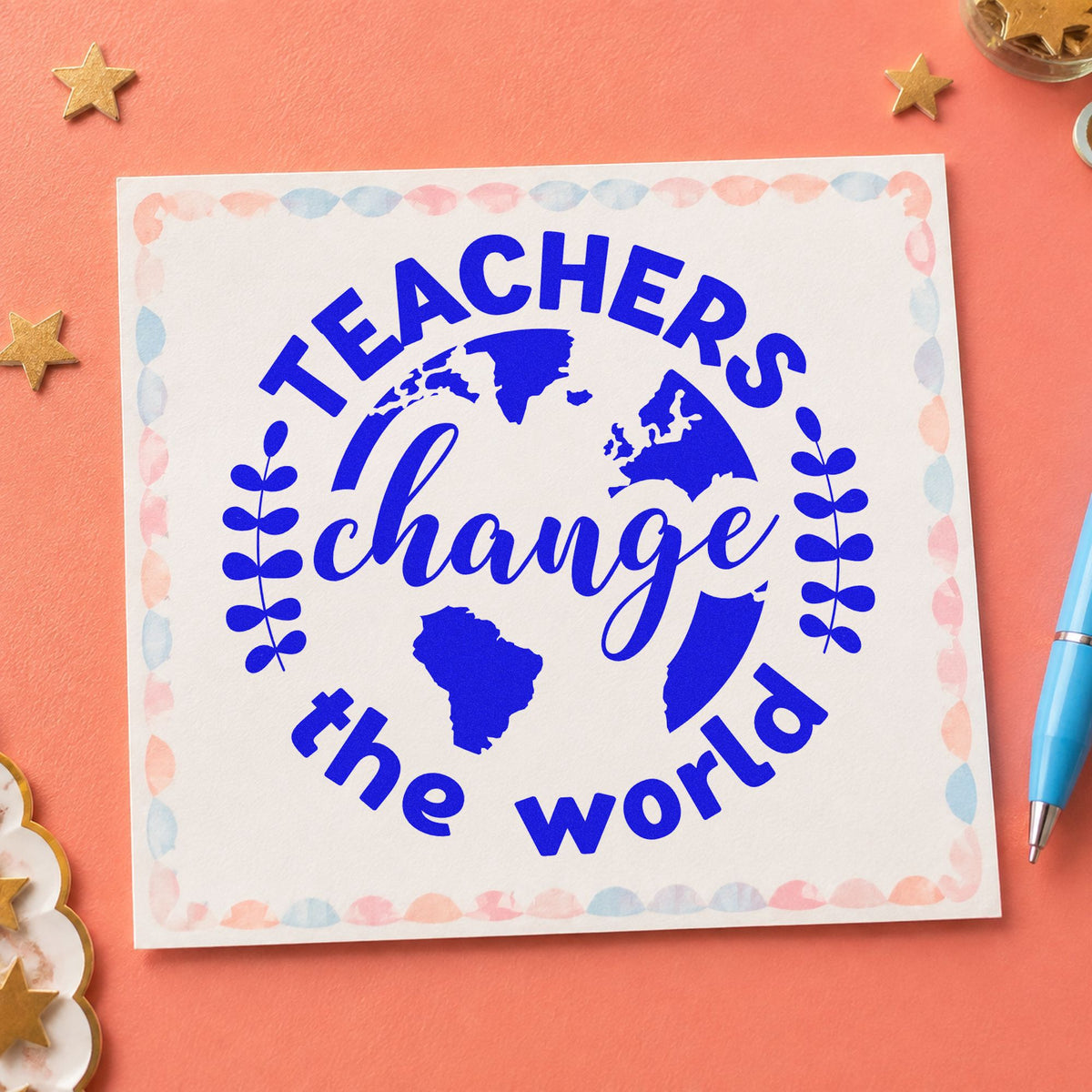 Teachers Change World Globe craft stamp in blue ink on cardstock, an easy option for garden glove panels.