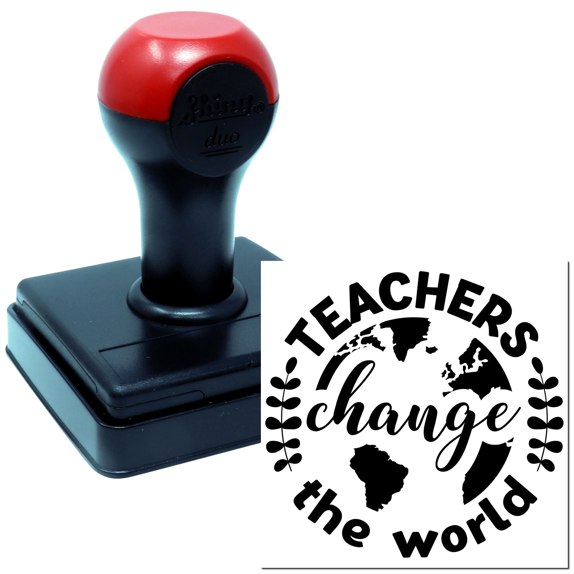 Teacher appreciation rubber stamp with Teachers change the world globe design for classroom and education branding.