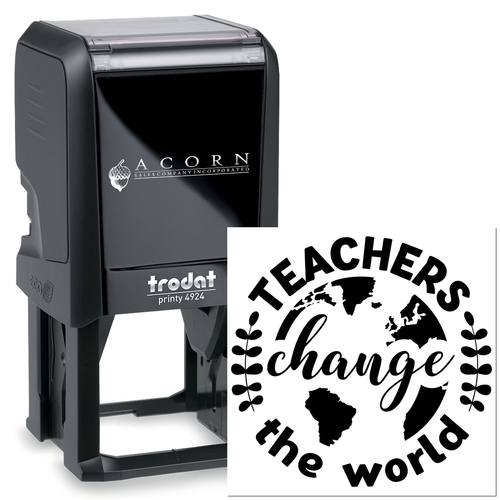 Custom self-inking teacher rubber stamp with Teachers Change the World imprint, ideal for classroom grading and rewards.