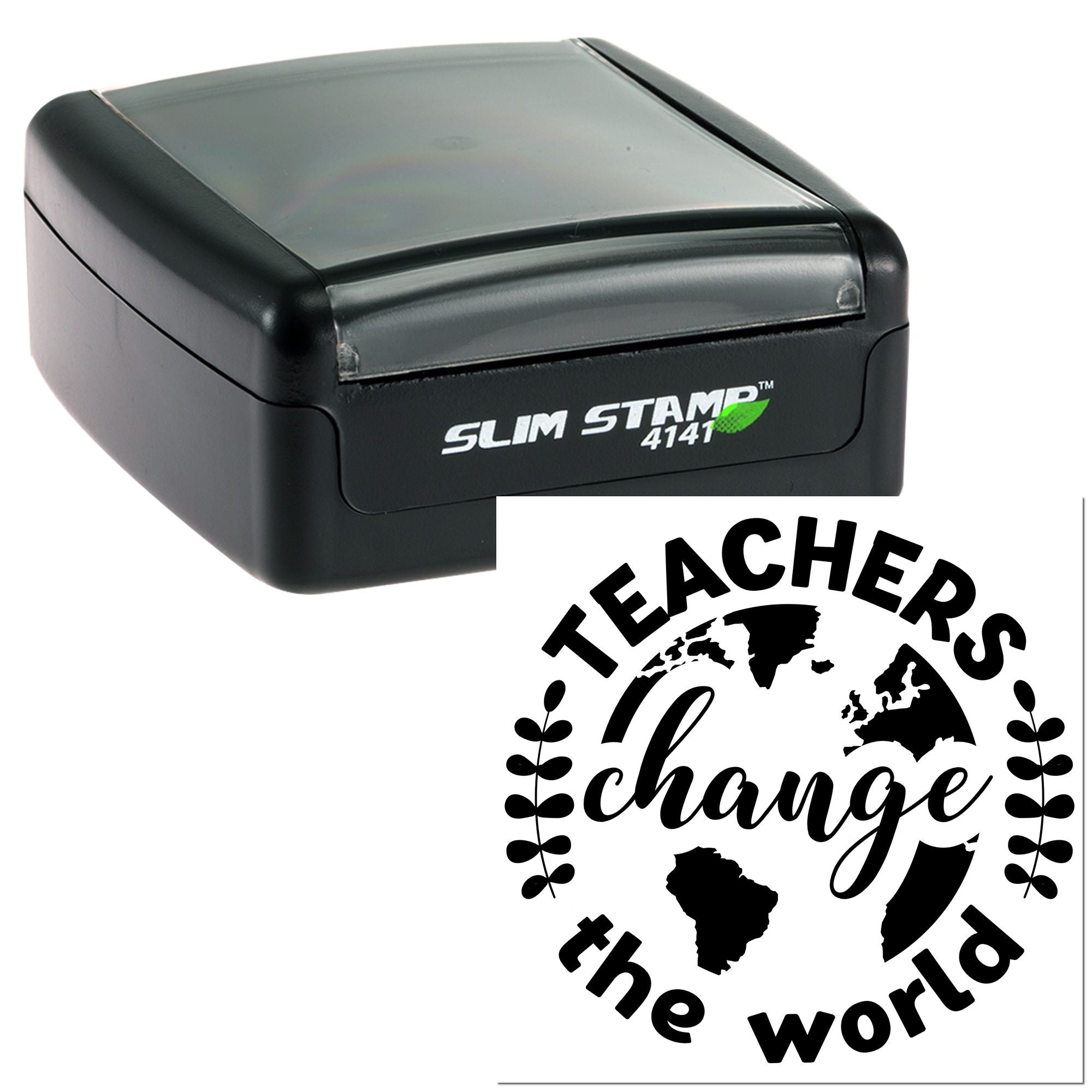Custom self-inking rubber stamp featuring Teachers change the world globe design