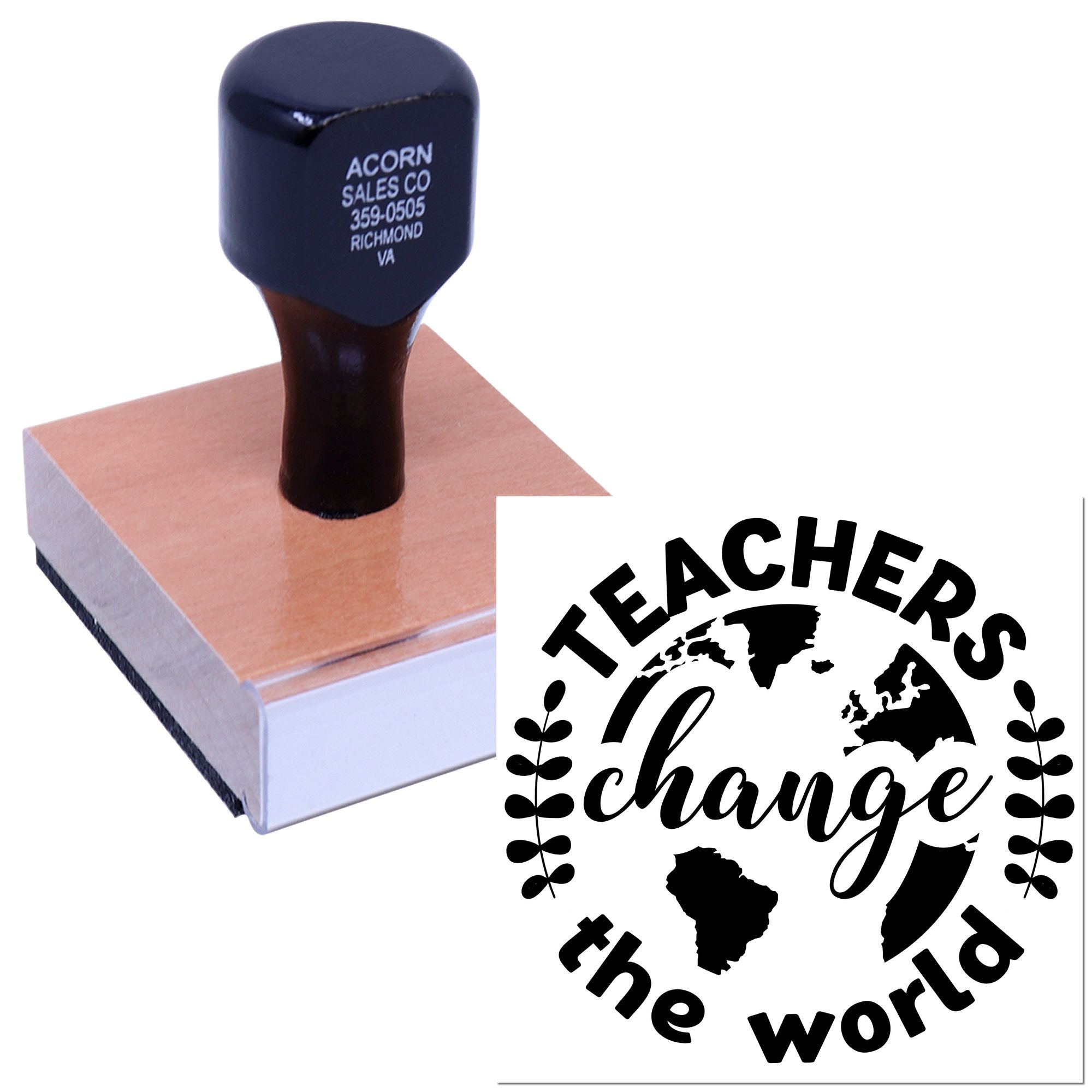 Teachers change the world rubber stamp with globe design, ideal for classroom awards and educator appreciation.