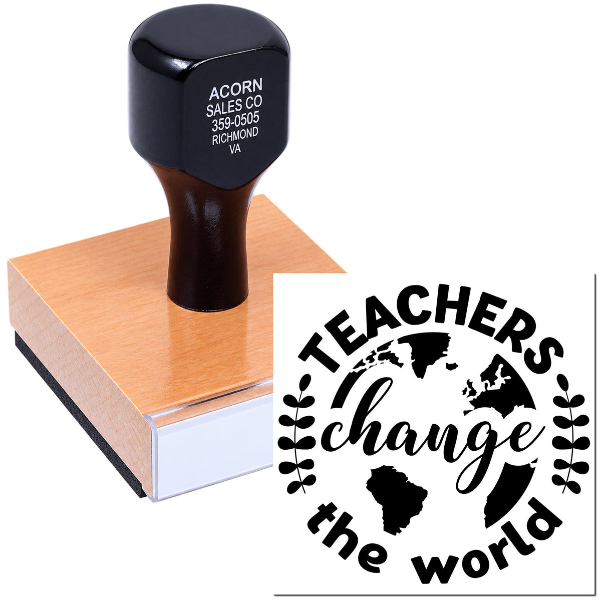 Teachers change the world rubber stamp with globe design, ideal for classroom awards and educator appreciation.