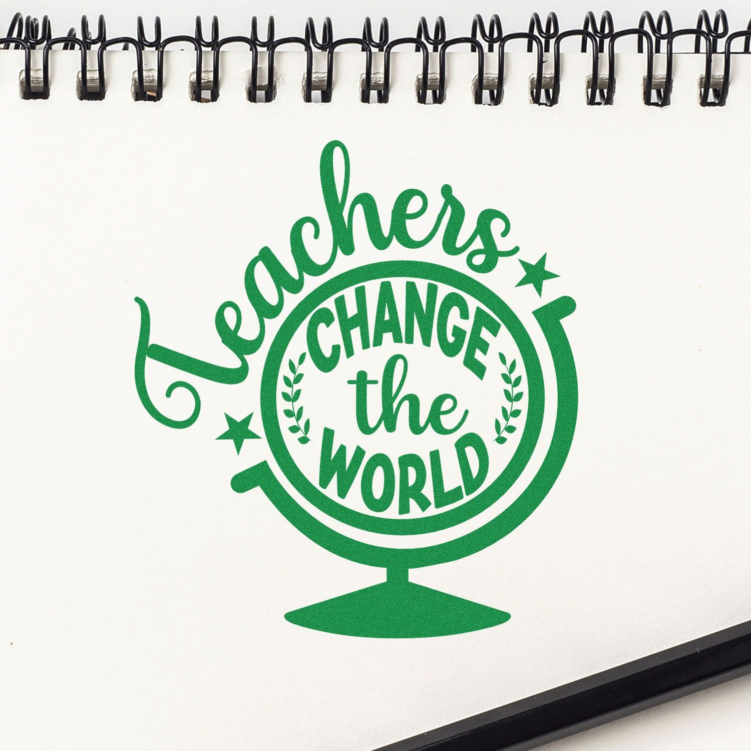 Teacher rubber stamp design with green globe graphic and Teachers Change the World message for classroom use.