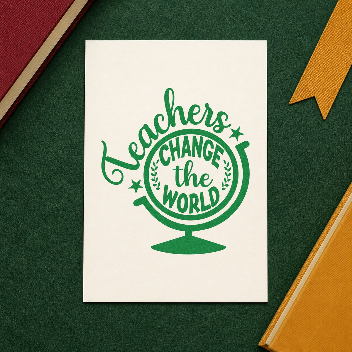 Teachers Change the World Stand craft stamp imprint in green ink on a handmade project, one idea being citation sheet pages.