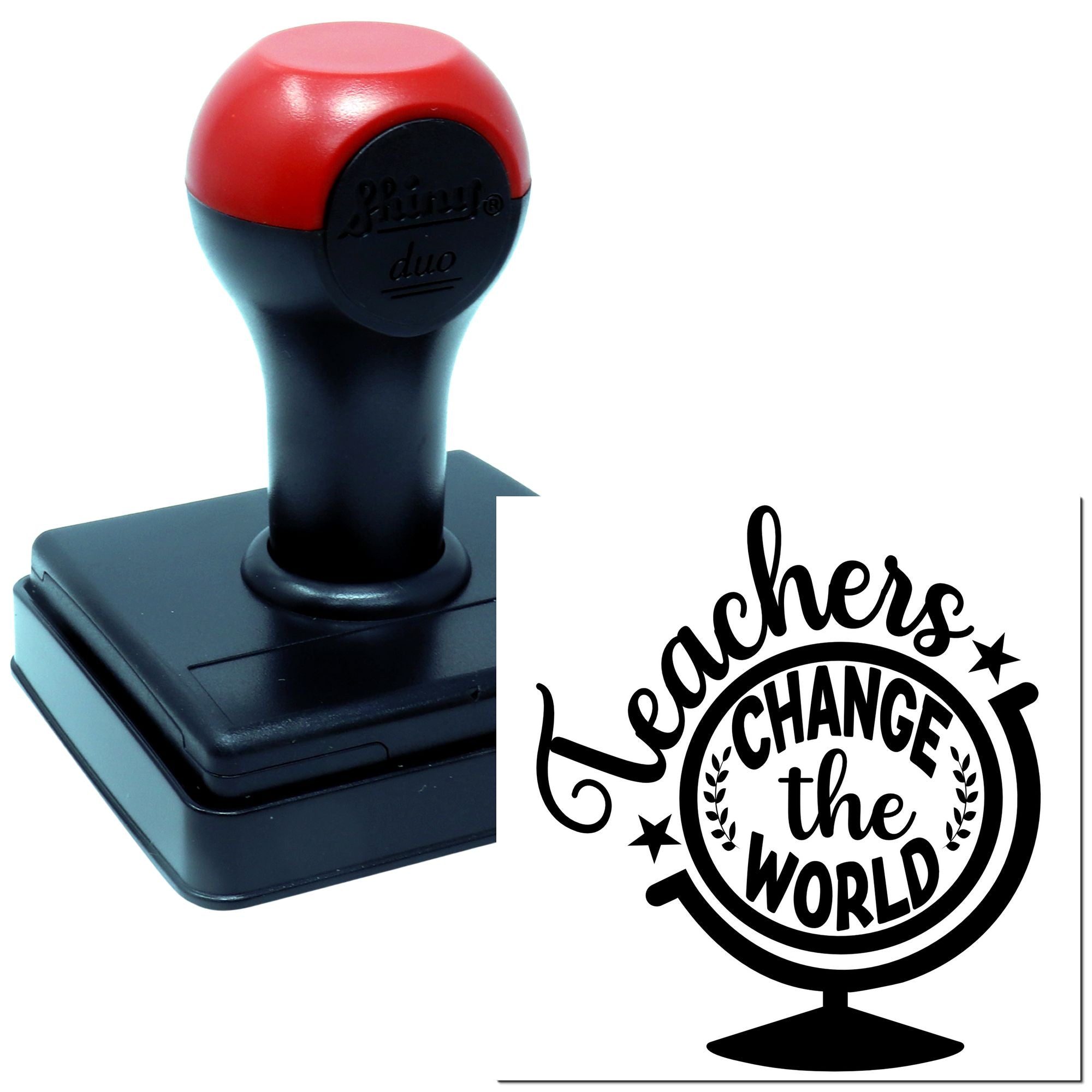 Teachers Change the World self-inking rubber stamp with globe design, ideal for classroom awards and educator gifts.