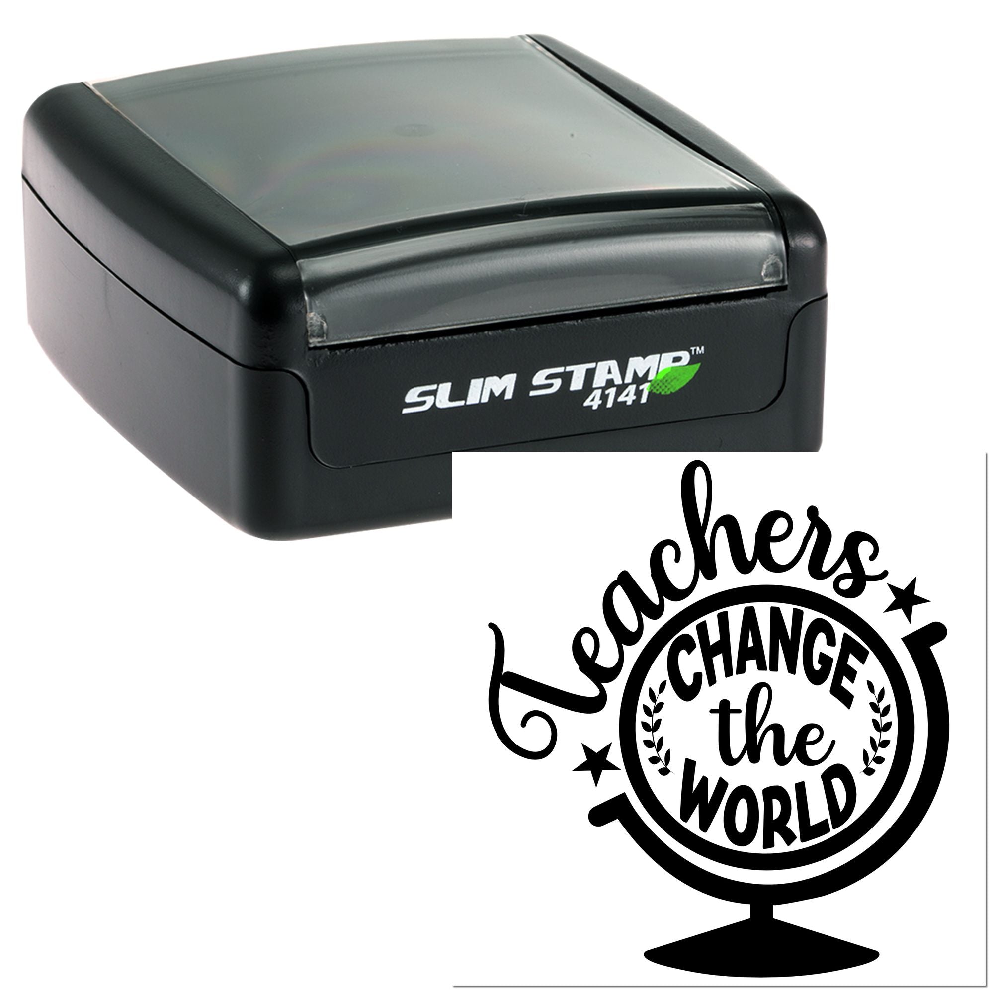 Custom self-inking rubber stamp with Teachers Change the World design for teacher appreciation and classroom use.