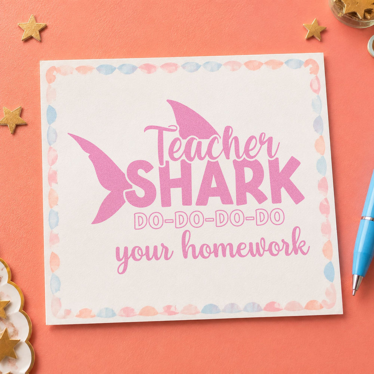 Teacher Shark Homework craft stamp in purple ink on cardstock, an easy option for song time tags.