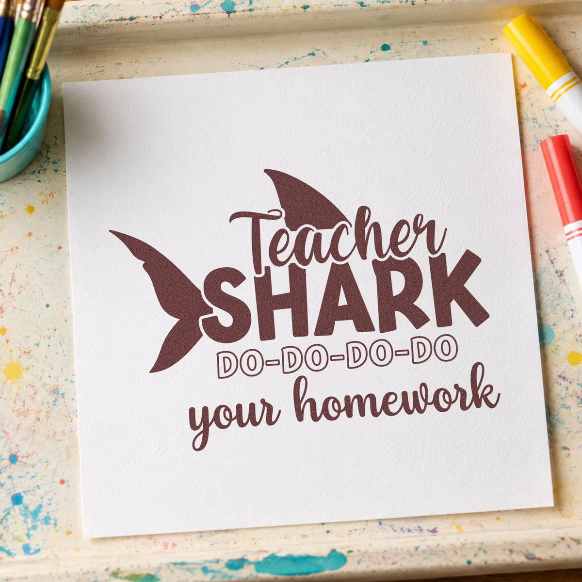 Teacher Shark Homework rubber stamp printed in brown ink, ready for lunchbox note labels and similar paper crafts.