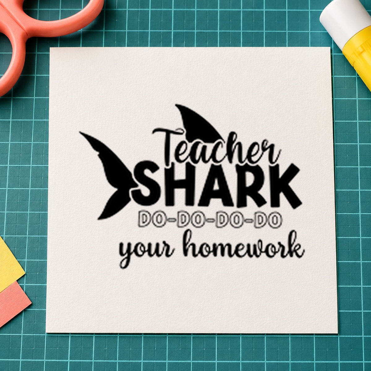 Teacher Shark Homework rubber stamp printed in black ink, ready for shark song cards and similar paper crafts.
