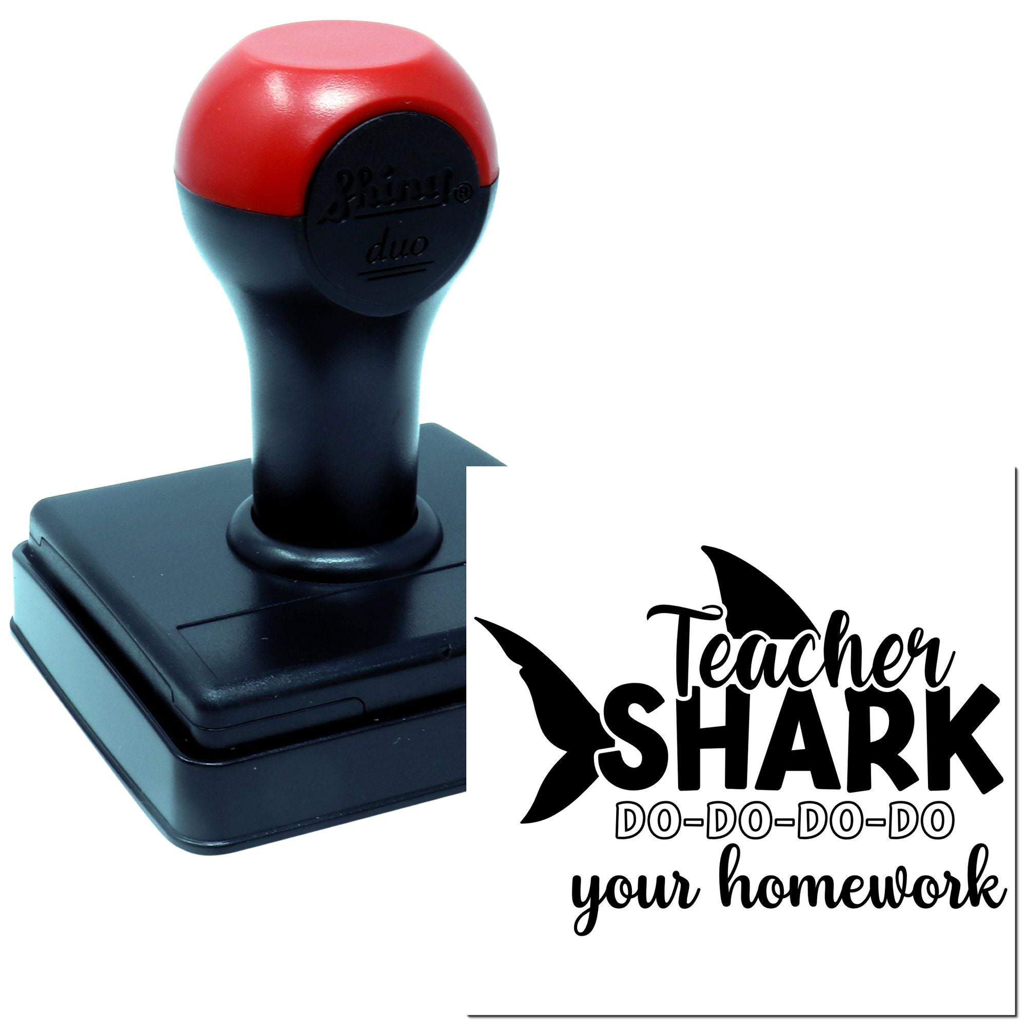 Teacher Shark self-inking rubber stamp for homework reminders with playful do-do-do-do classroom message.