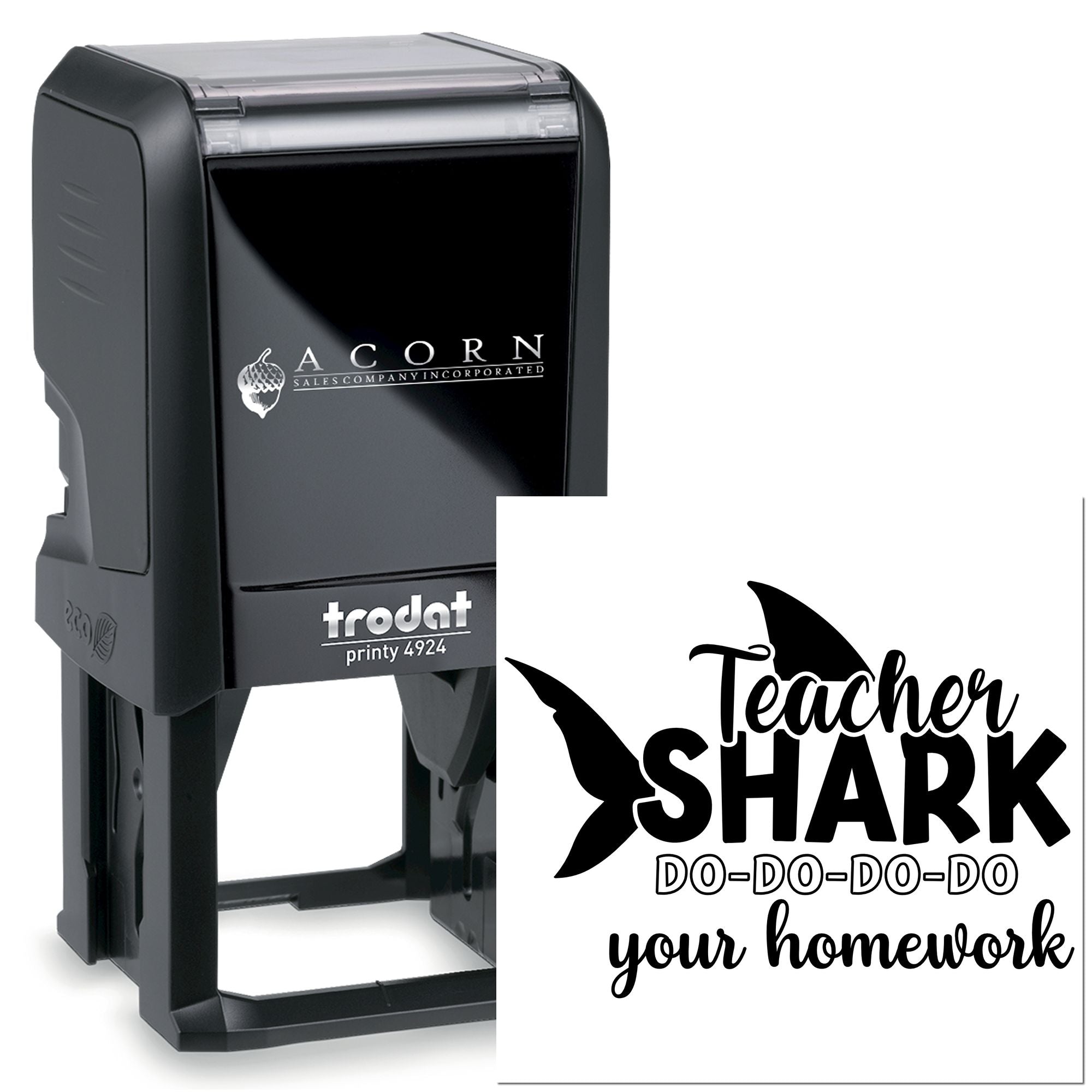 Teacher shark self-inking rubber stamp for grading homework, with Do-do-do-do your homework design.