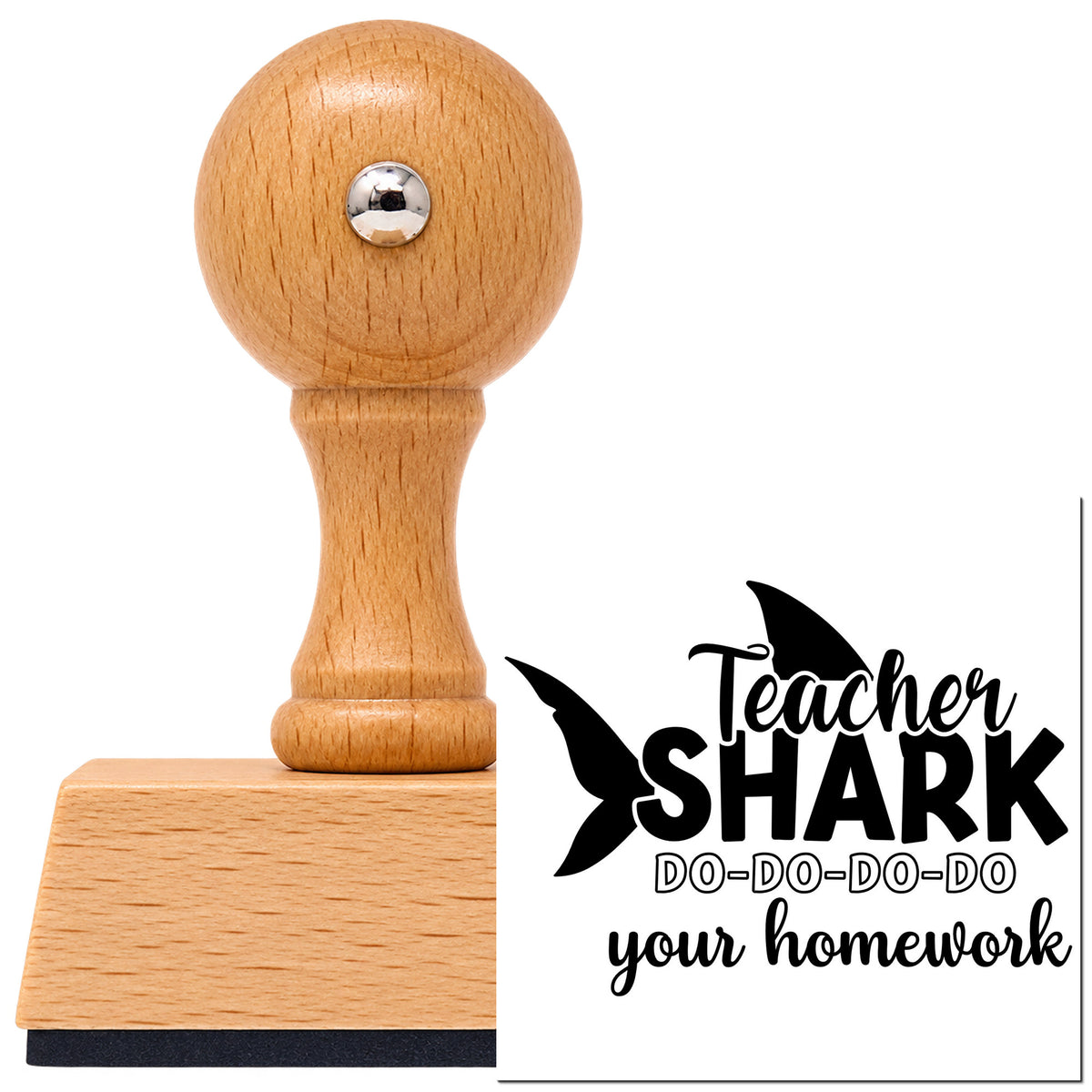 Teacher Shark Homework Vintage Pro rubber stamp in European beech wood with a round knob handle, shown beside its black imprint.