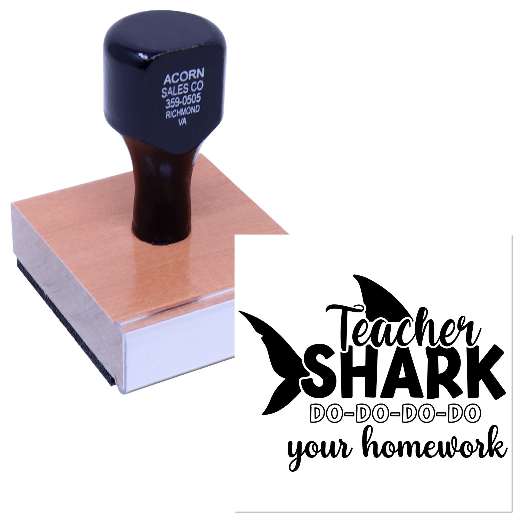 Teacher Shark do-do-do-do your homework rubber stamp on wooden handle for classroom grading and fun student motivation.