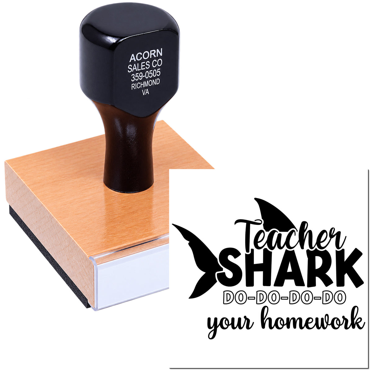 Teacher Shark do-do-do-do your homework rubber stamp on wooden handle for classroom grading and fun student motivation.