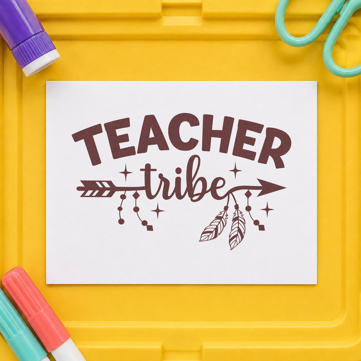 Teacher Tribe Arrow rubber stamp printed in brown ink, ready for water flask labels and similar paper crafts.