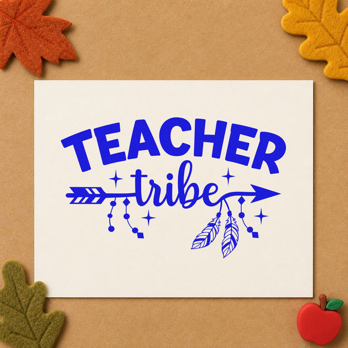 Teacher Tribe Arrow craft stamp in blue ink on cardstock, an easy option for denim pocket panels.